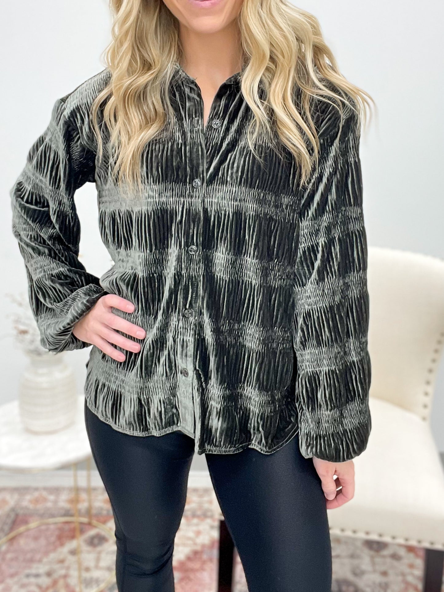 Seasons Change Smocked Velvet Button Top Olive Large