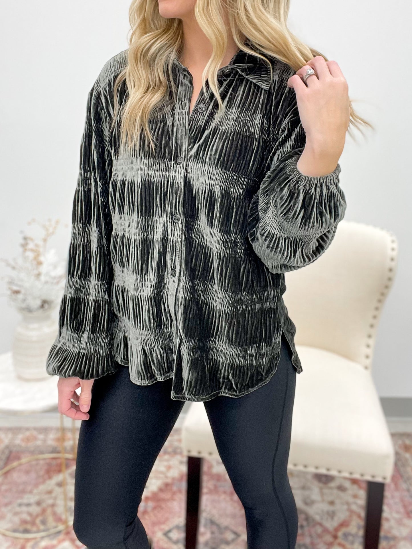 Seasons Change Smocked Velvet Button Top Olive Large