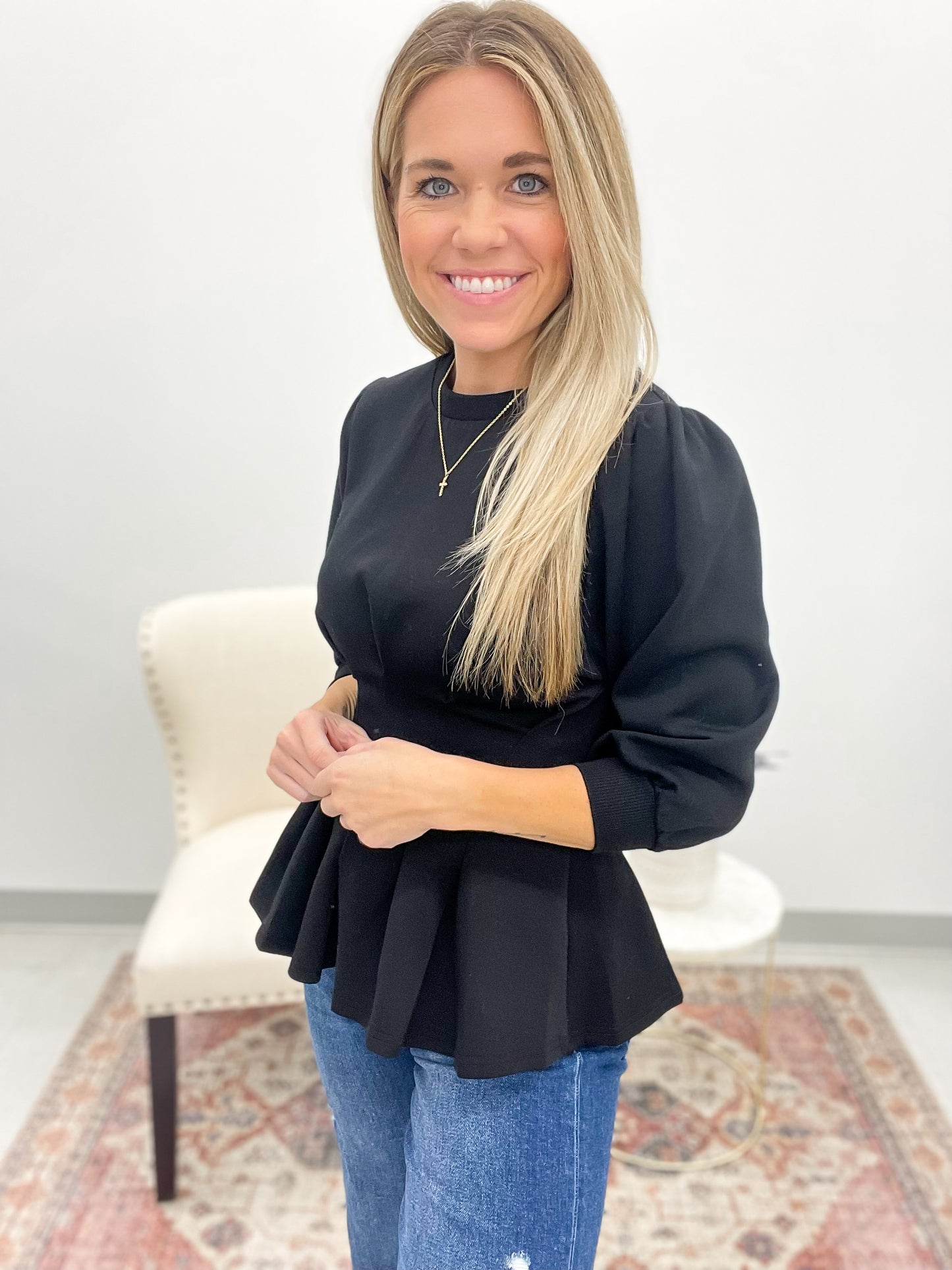 Another Chance Pleat And Flare 3/4 Sleeve Top Black