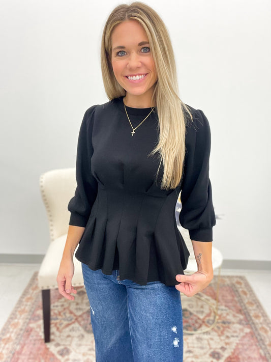 Another Chance Pleat And Flare 3/4 Sleeve Top Black