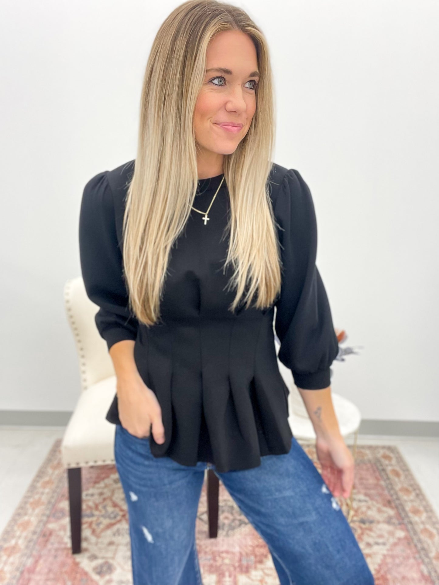 Another Chance Pleat And Flare 3/4 Sleeve Top Black