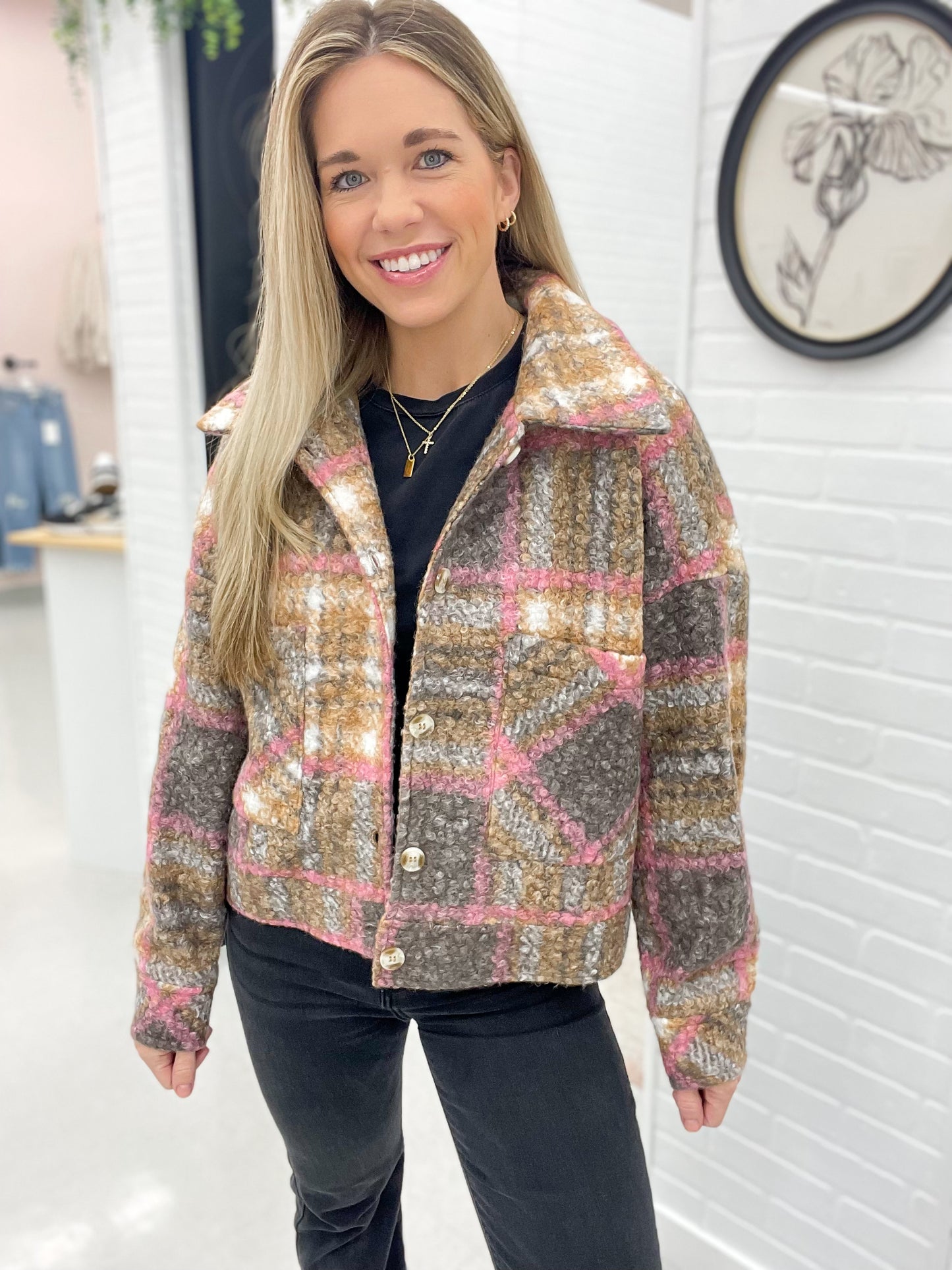 More Than Enough Plaid Teddy Jacket Toffee