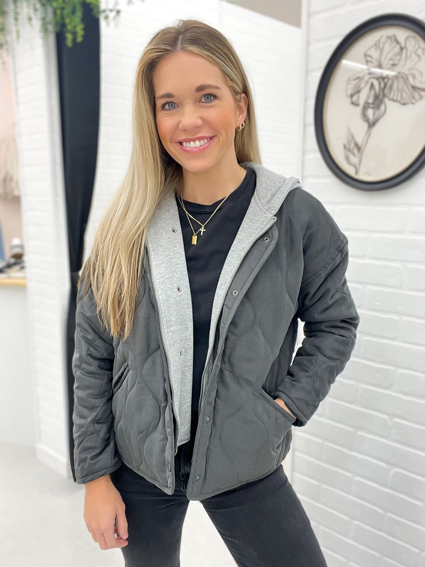 More Than Enough Quilted Button Coat With Hood Insert Charcoal