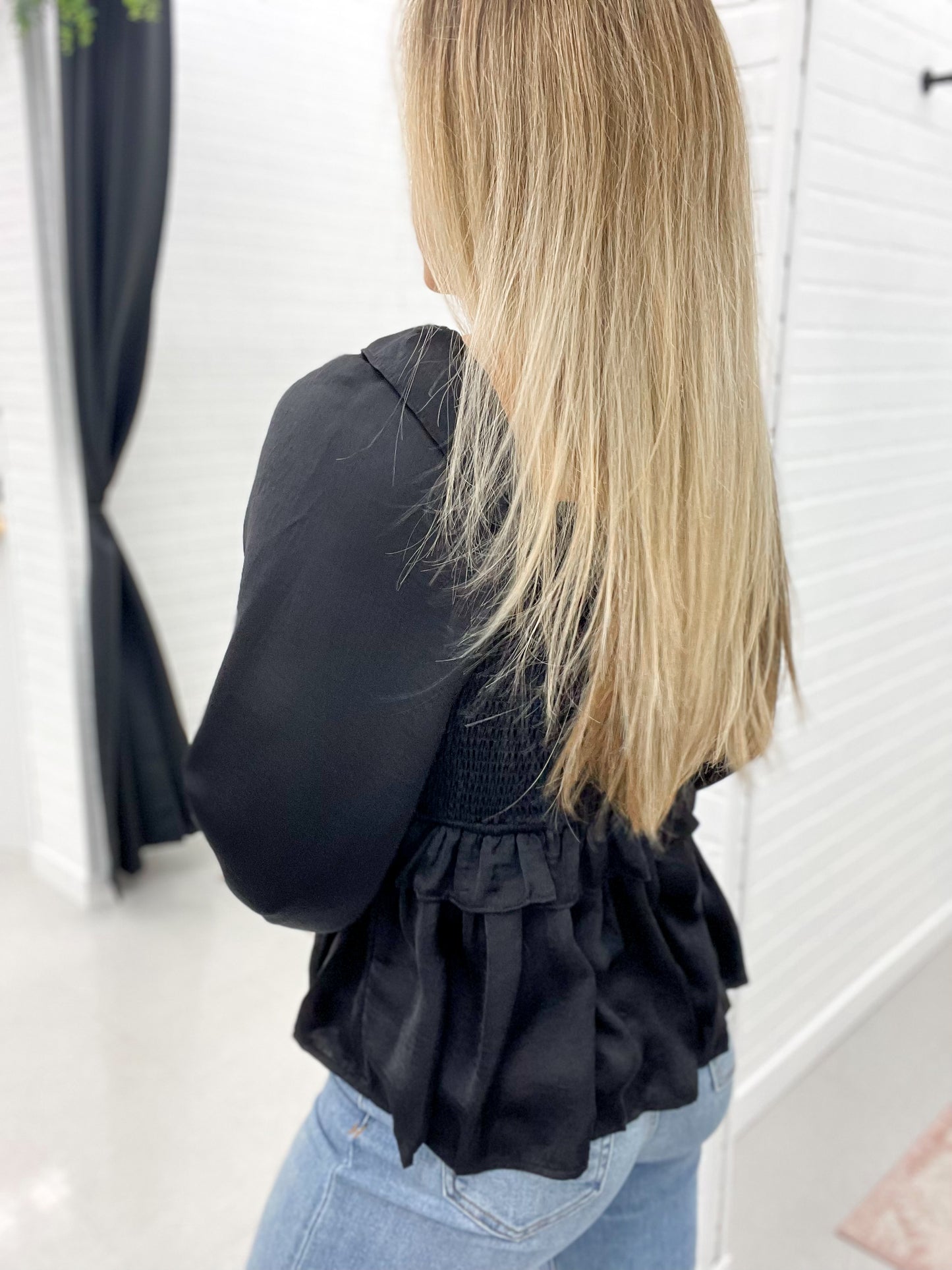 Going Out Satin Ruffle Blouse Black