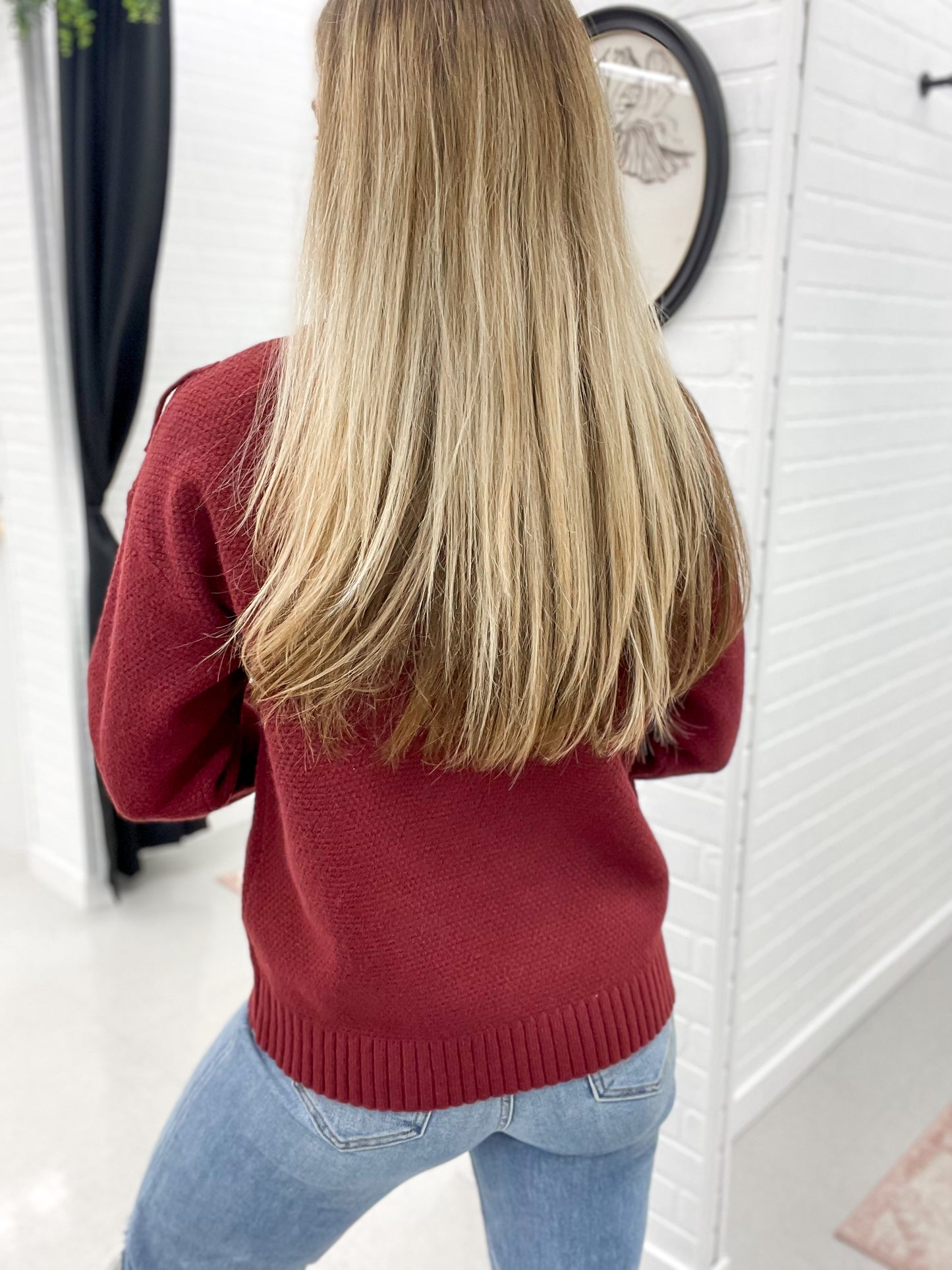 Hang Tight Fringe Detail Mock Neck Sweater Burgundy