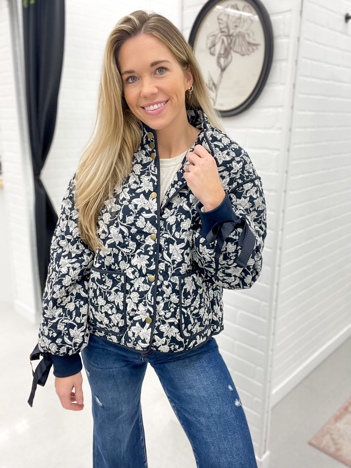 No Mercy Floral Quilted Jacket Navy