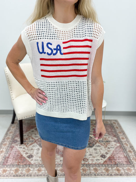USA Flag Crochet Sleeveless Top Cream