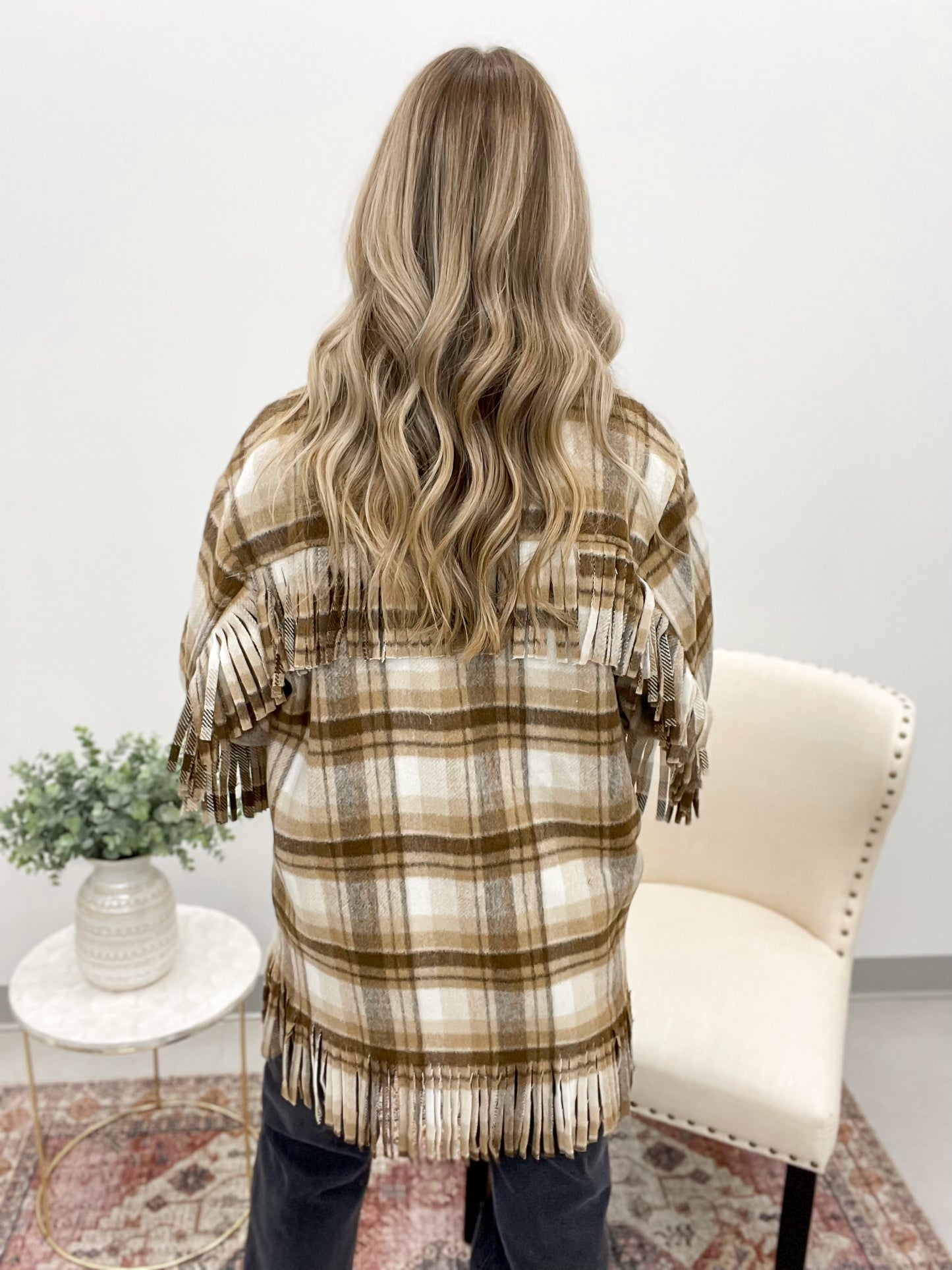 On Broadway Brushed Plaid Fringe Detail Jacket