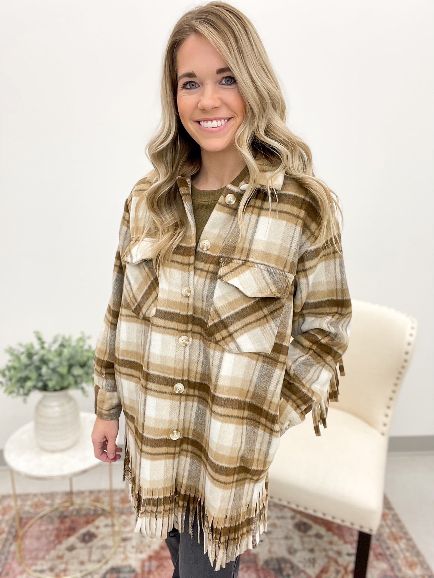 On Broadway Brushed Plaid Fringe Detail Jacket