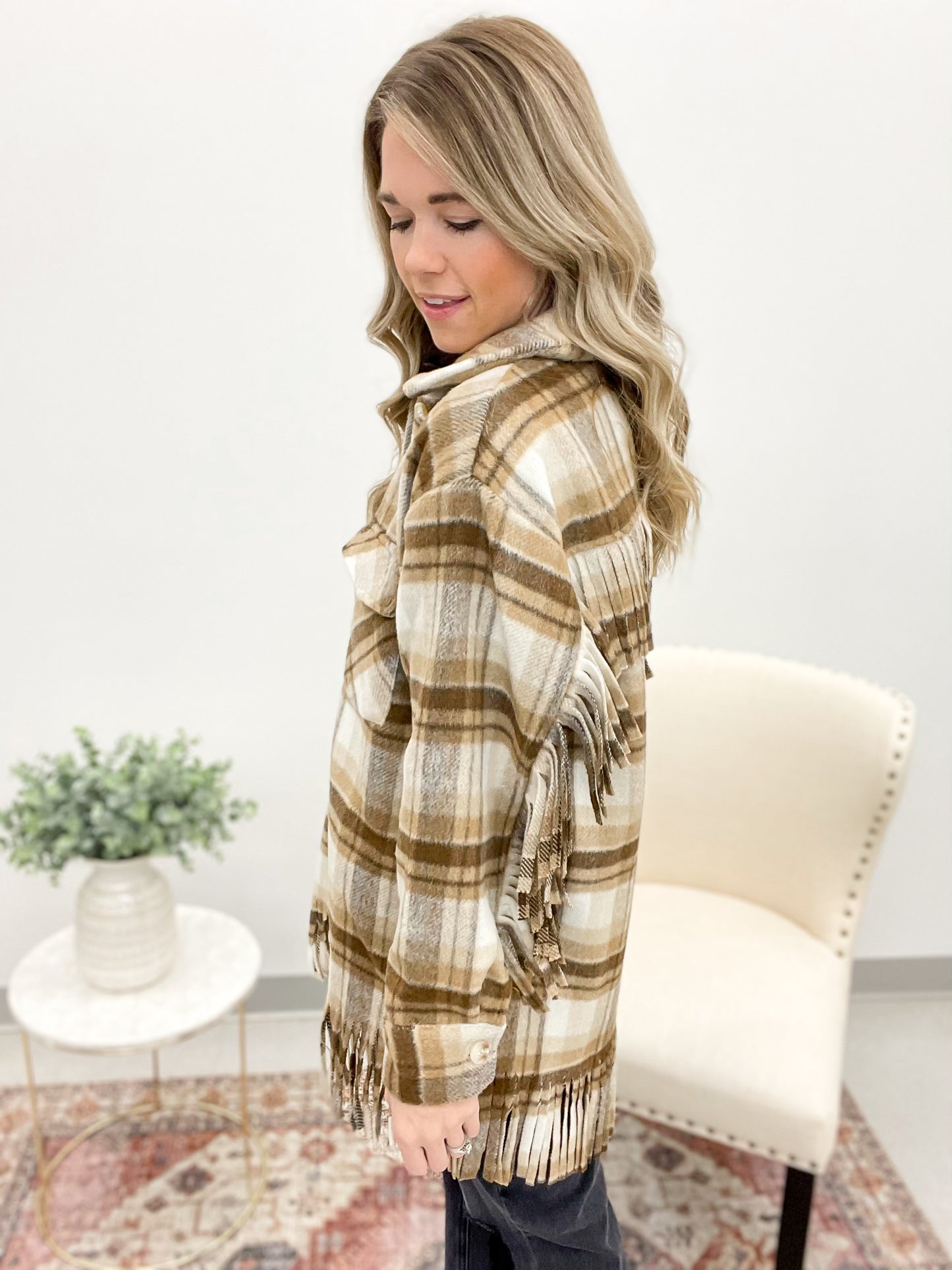 On Broadway Brushed Plaid Fringe Detail Jacket