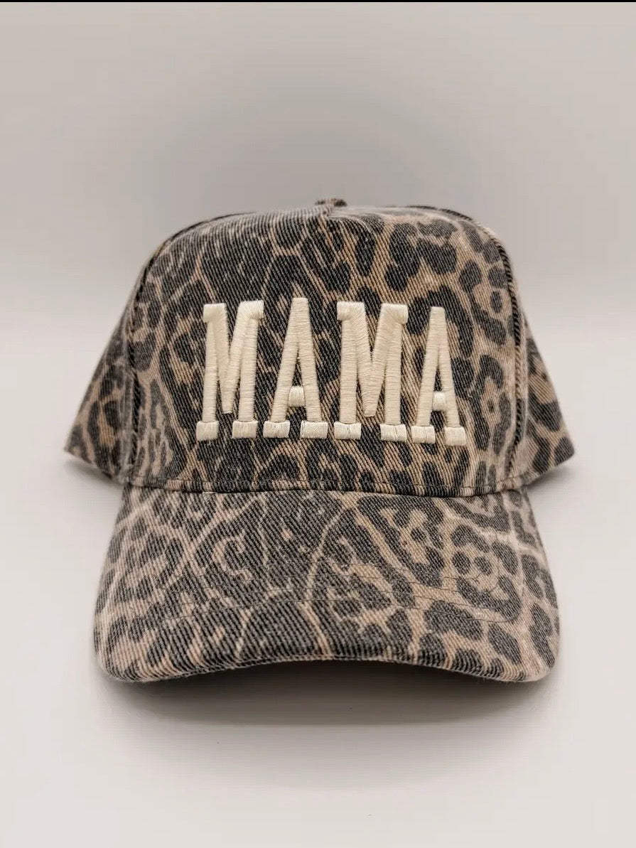 Mama Washed Leopard Embroidered Hat