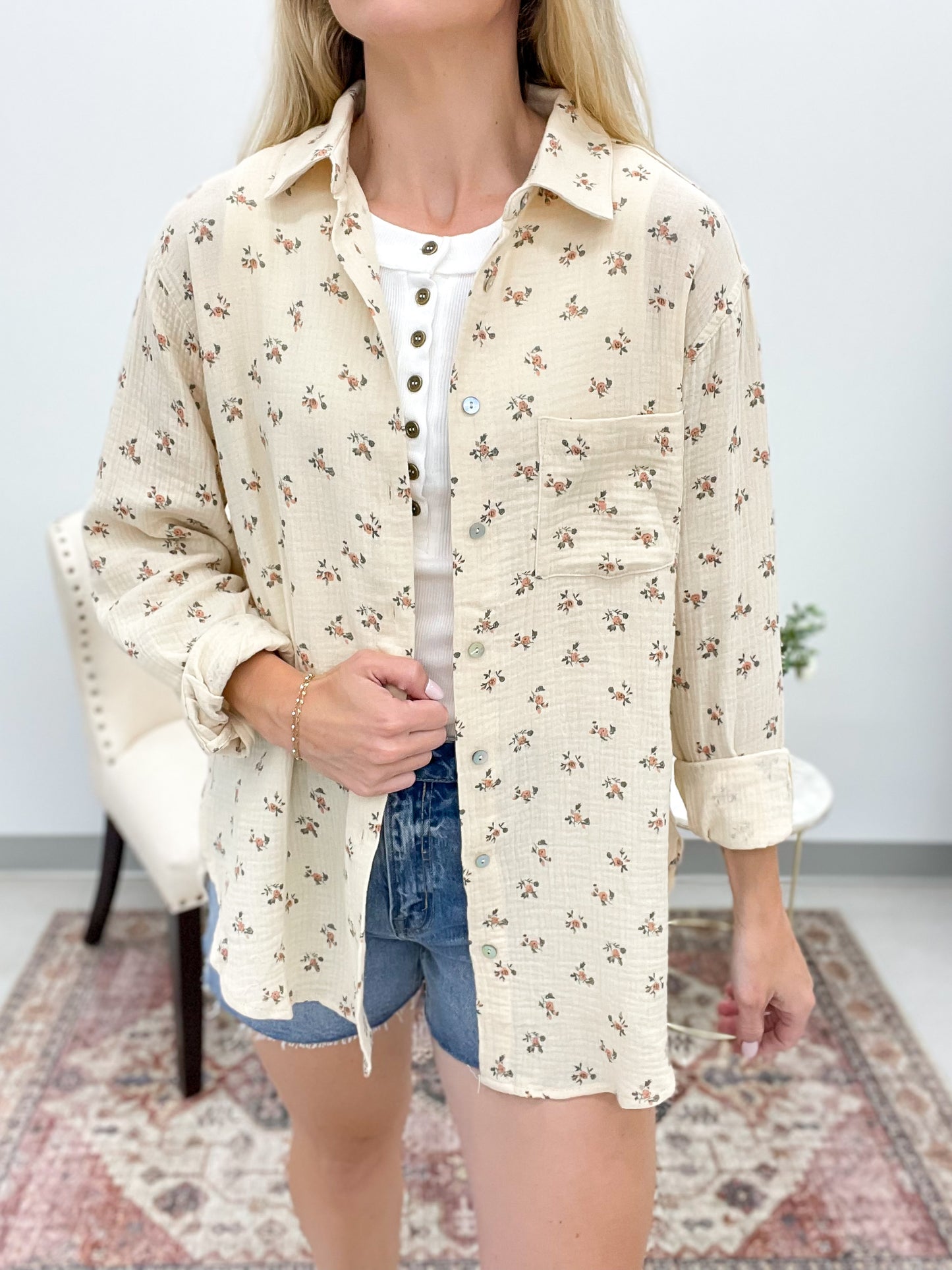This Will Be Floral Print Cotton Gauze Button Down Top Buttercream