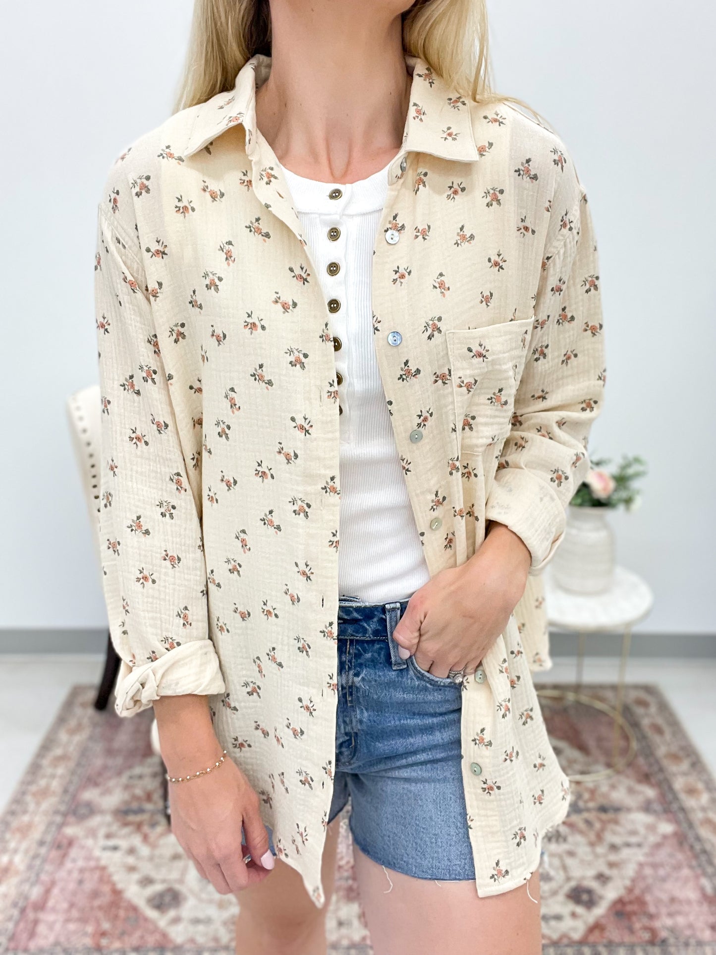 This Will Be Floral Print Cotton Gauze Button Down Top Buttercream