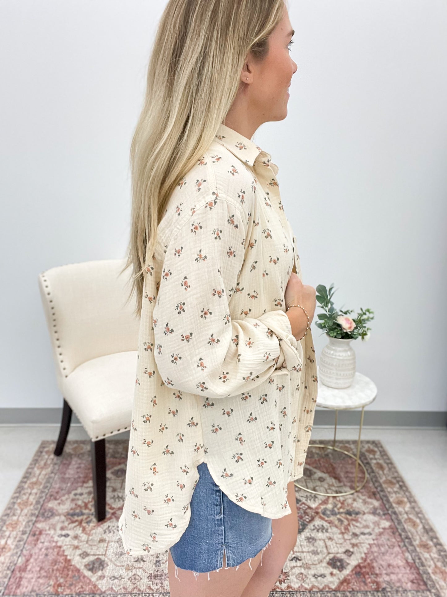 This Will Be Floral Print Cotton Gauze Button Down Top Buttercream