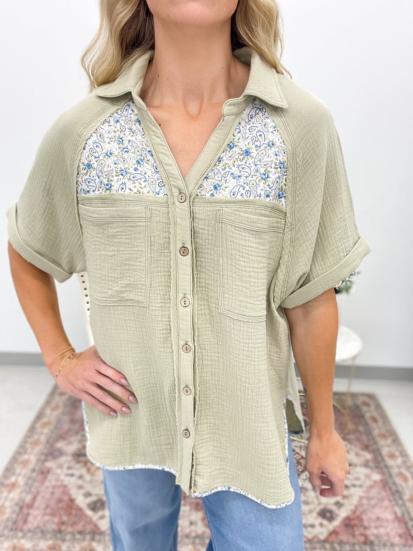 Just A Dream Cotton Gauze Button Down Top Sage
