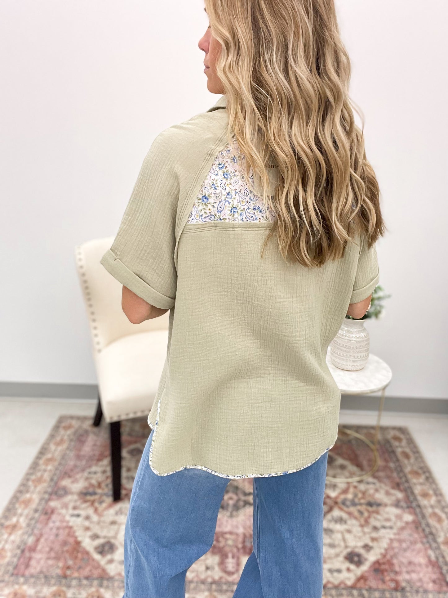 Just A Dream Cotton Gauze Button Down Top Sage
