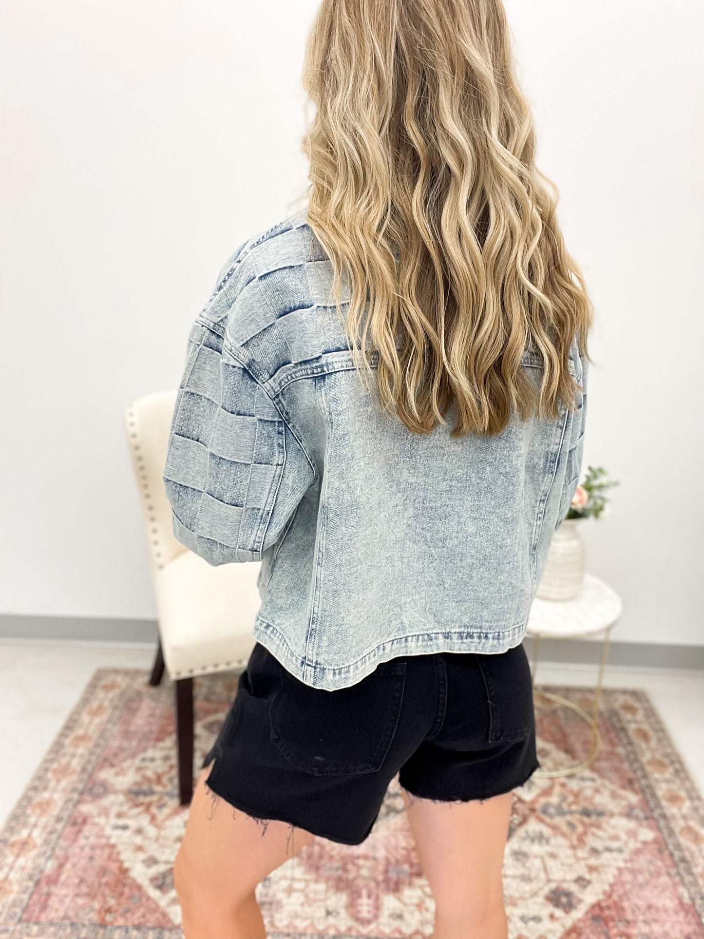 Going Out Mineral Wash Check Print Denim Jacket