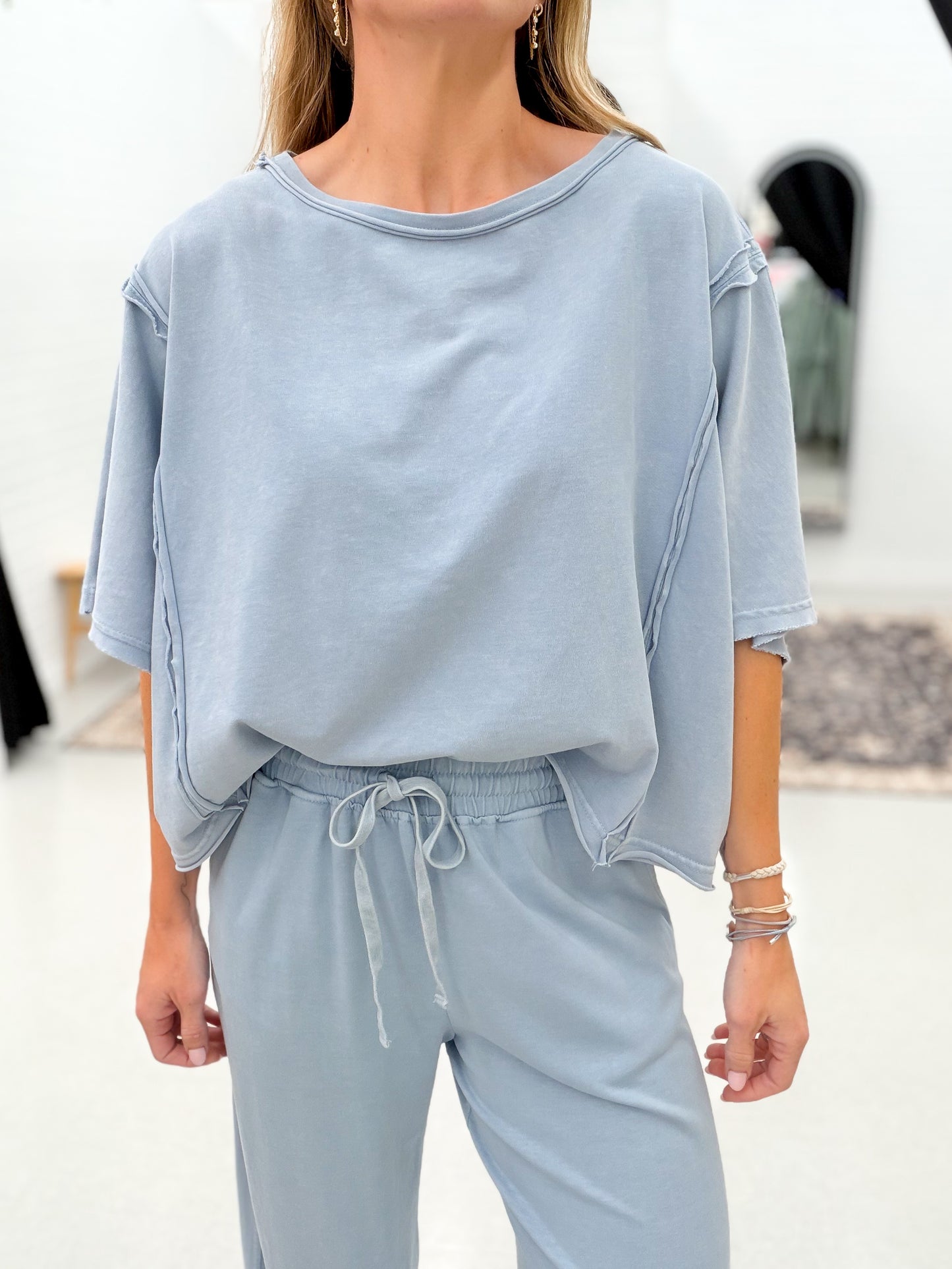 Last Shot Washed Cotton Top And Barrel Pants Set Faded Blue