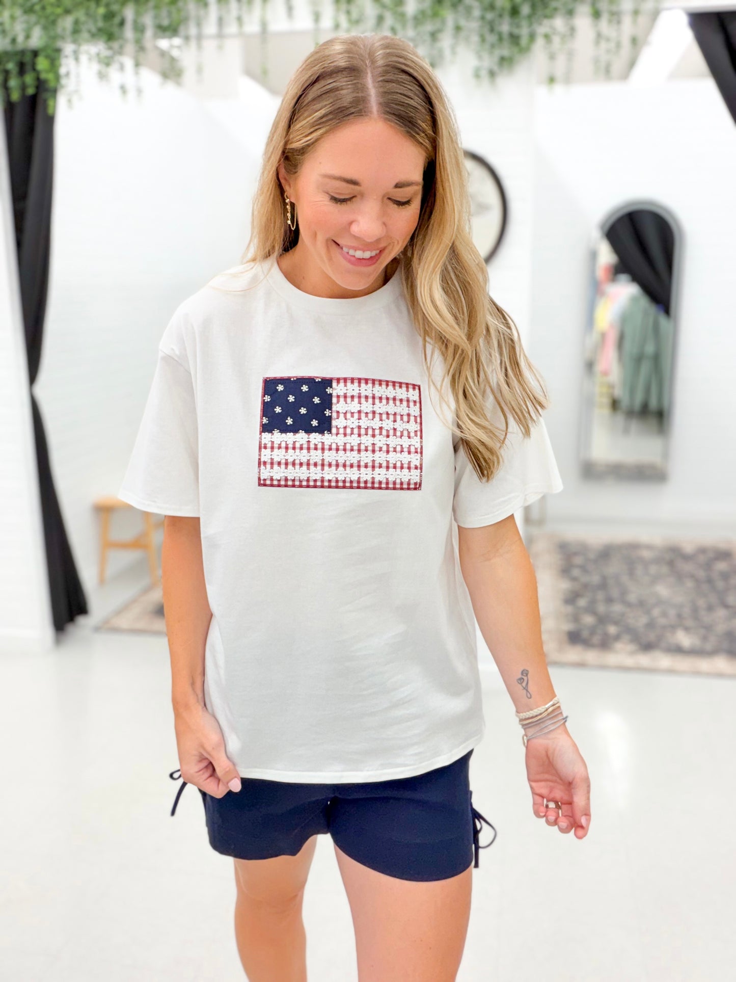She Can Embroidered American Flag Tee