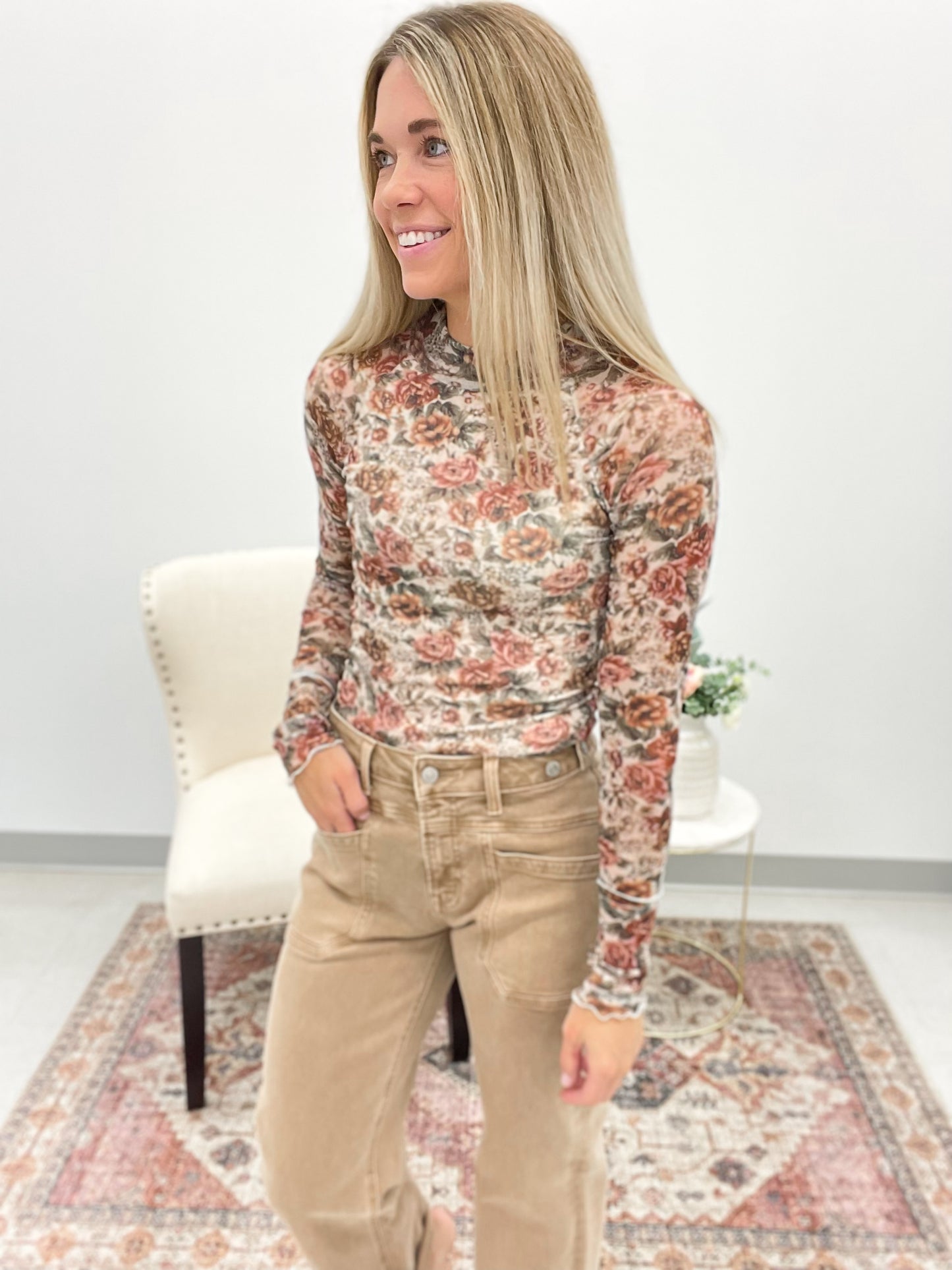 The Iris Floral Mesh Lined Top Vintage Rose
