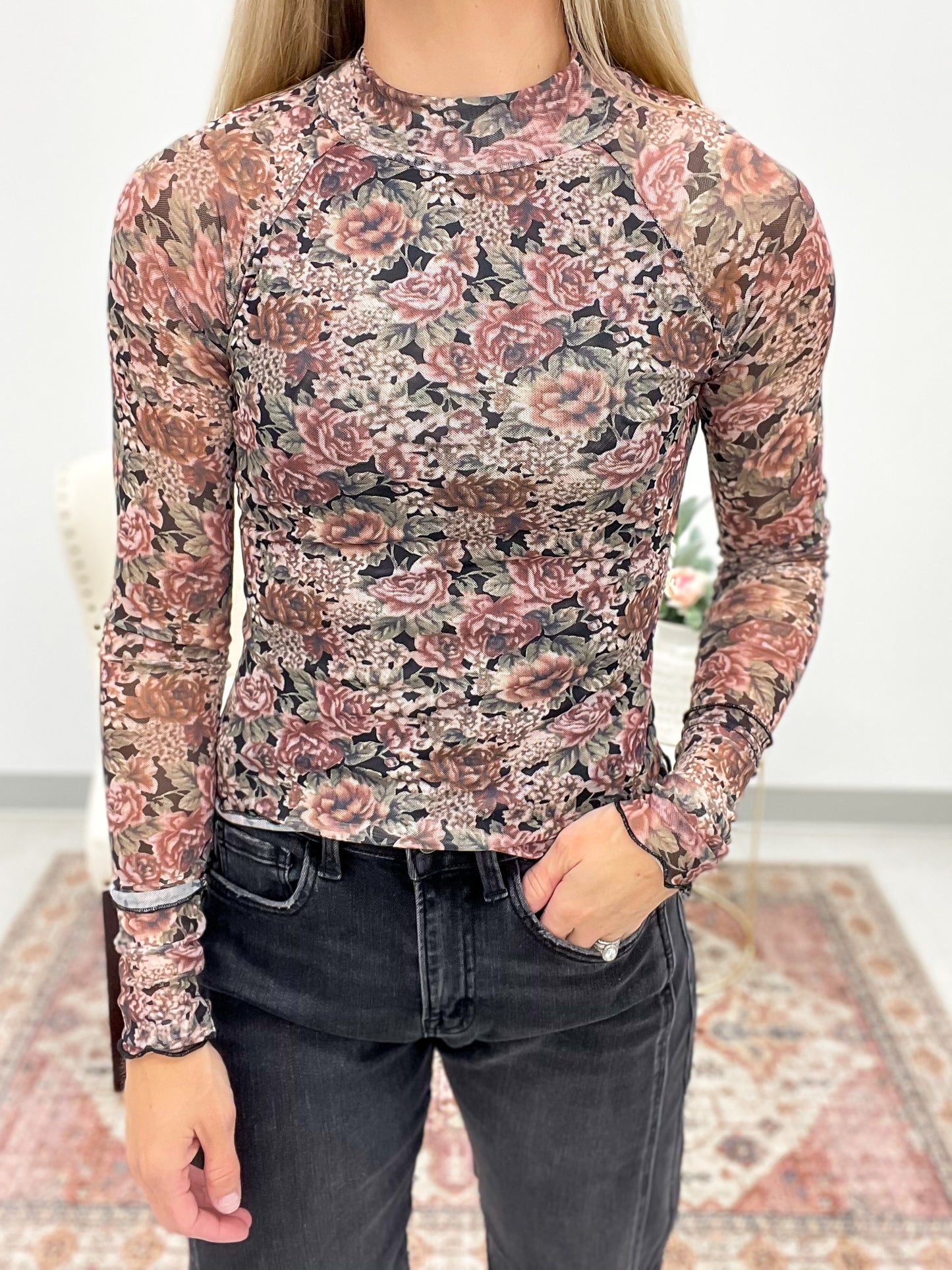 The Iris Floral Mesh Lined Top Black