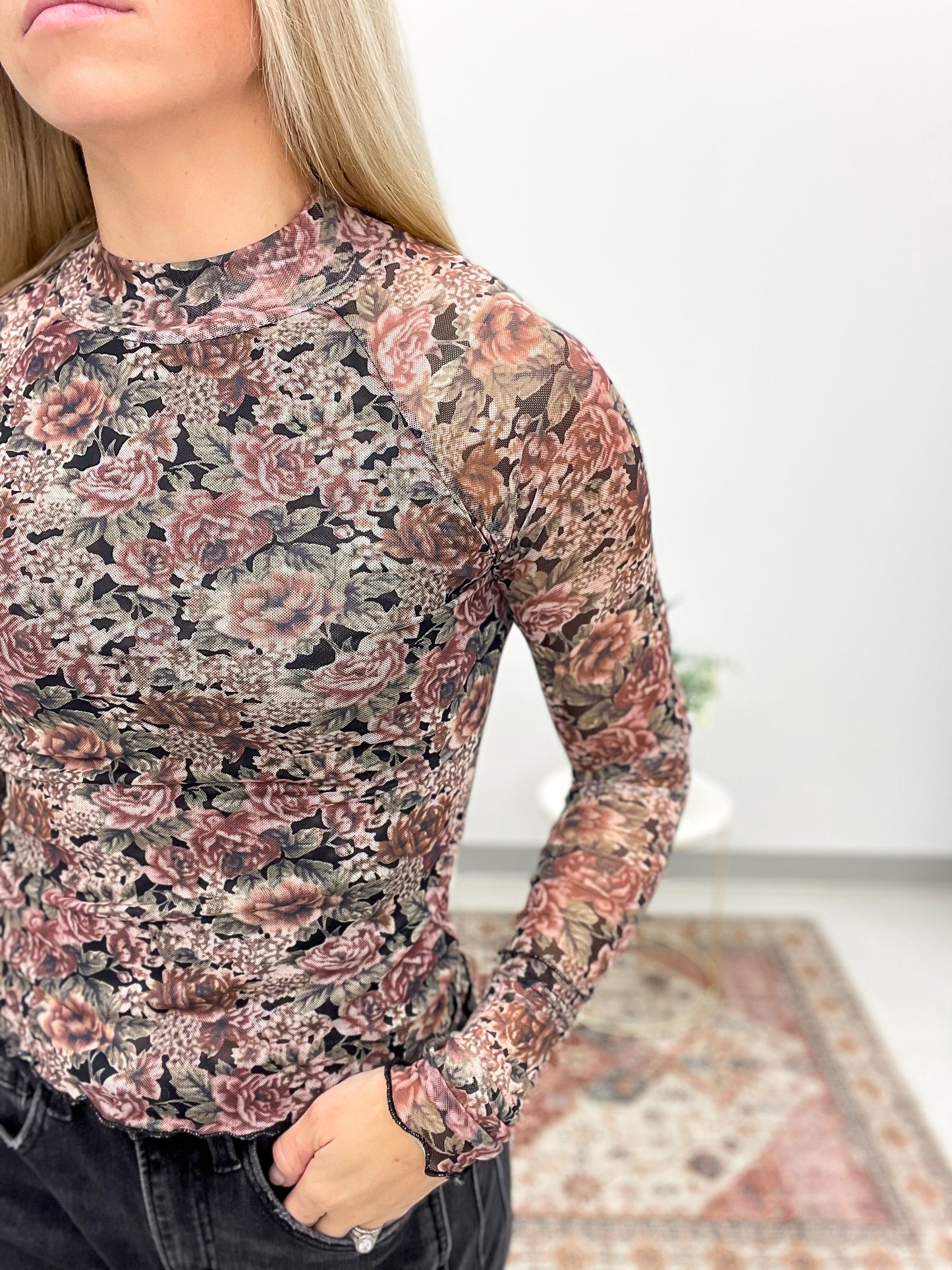 The Iris Floral Mesh Lined Top Black