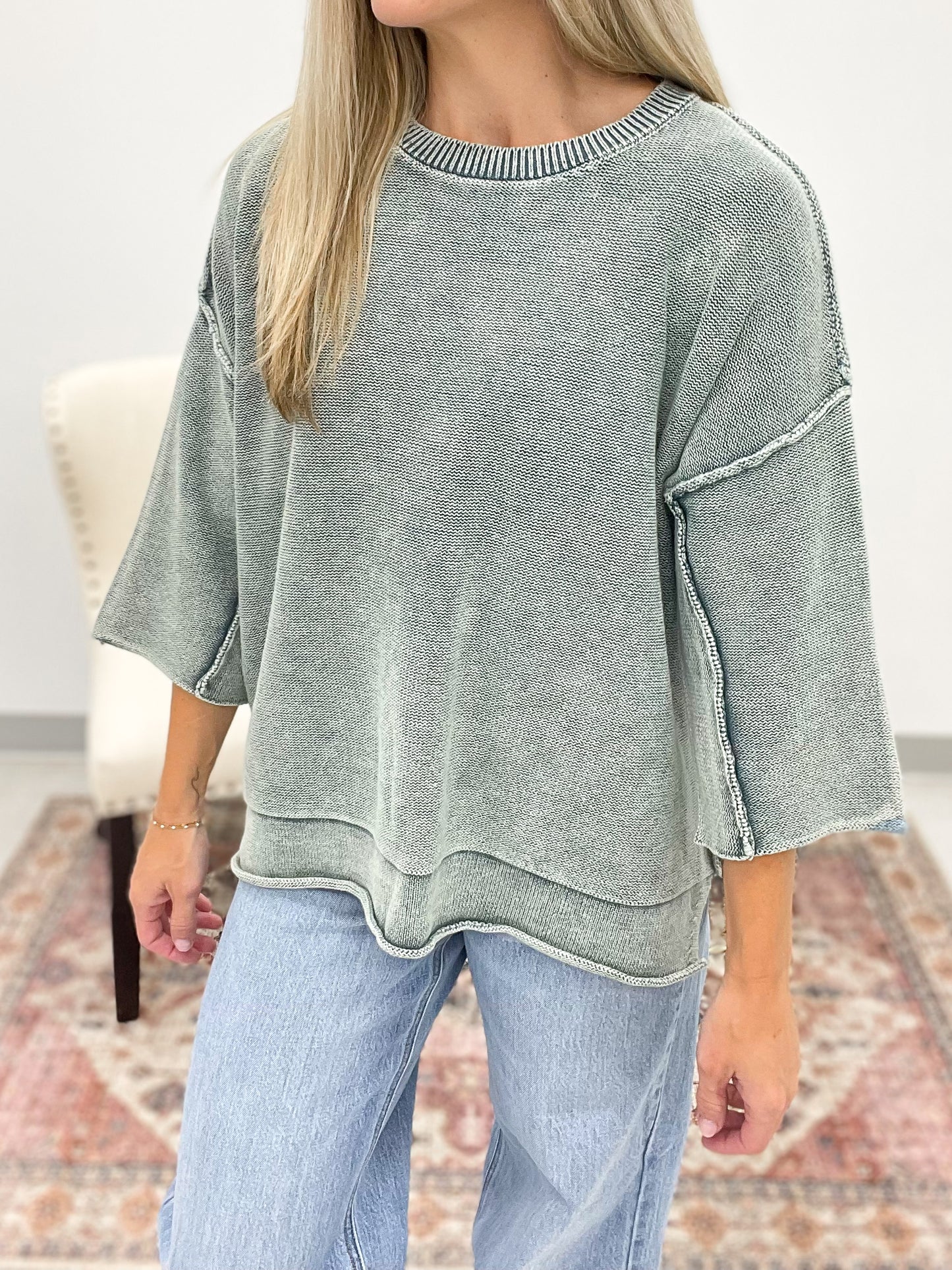 Yours Truly Washed 3/4 Sleeve Boxy Sweater Jade