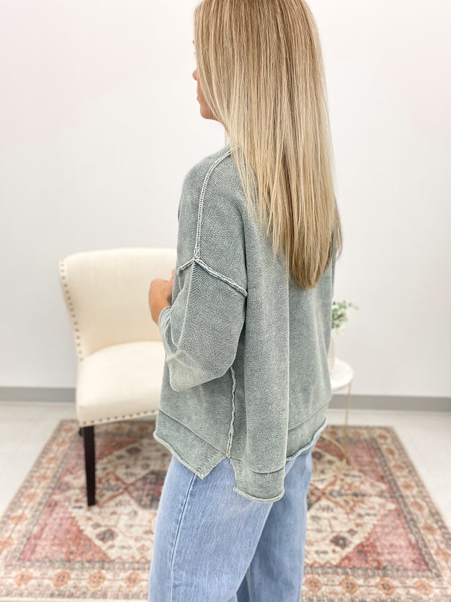 Yours Truly Washed 3/4 Sleeve Boxy Sweater Jade