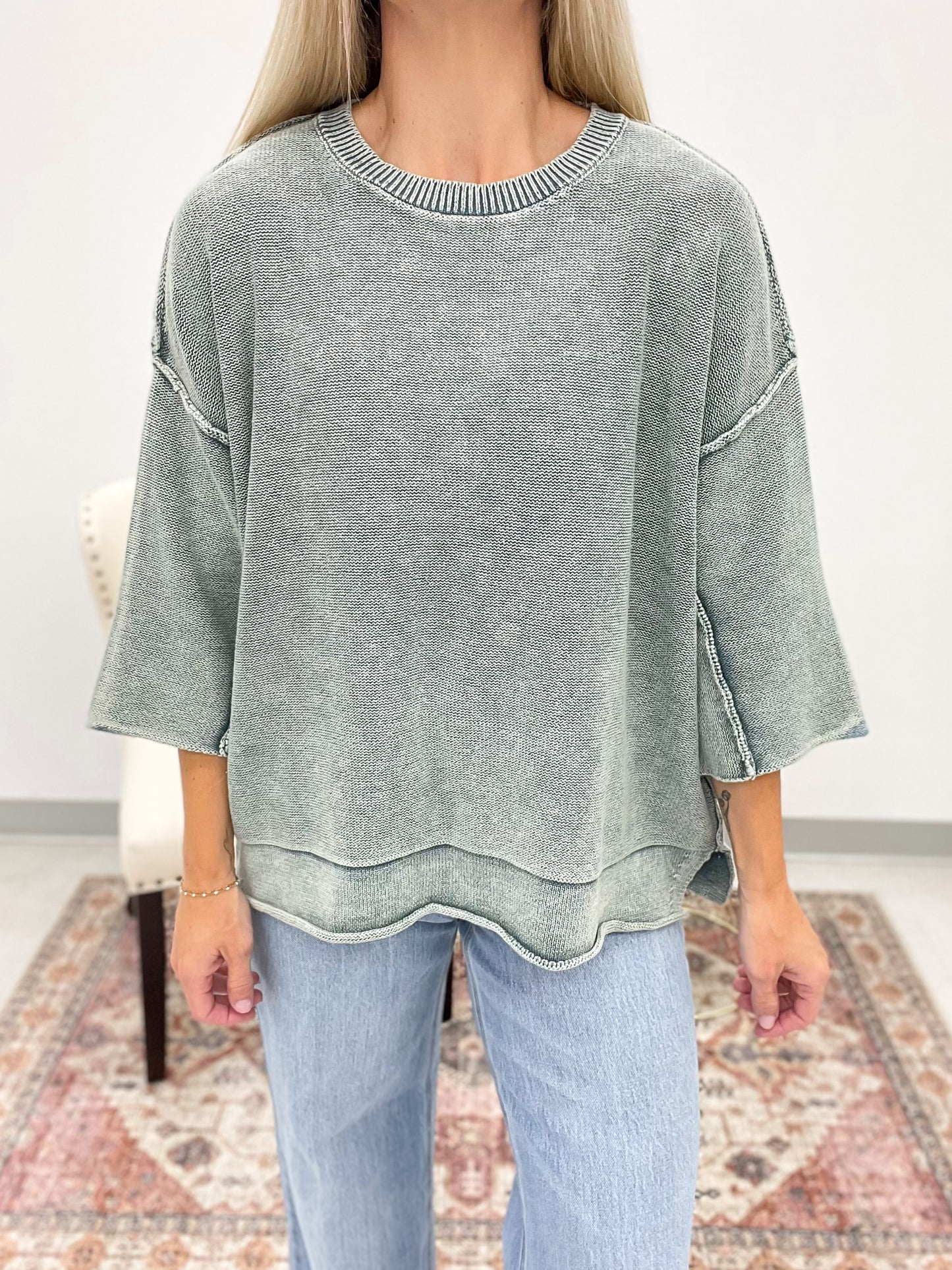 Yours Truly Washed 3/4 Sleeve Boxy Sweater Jade