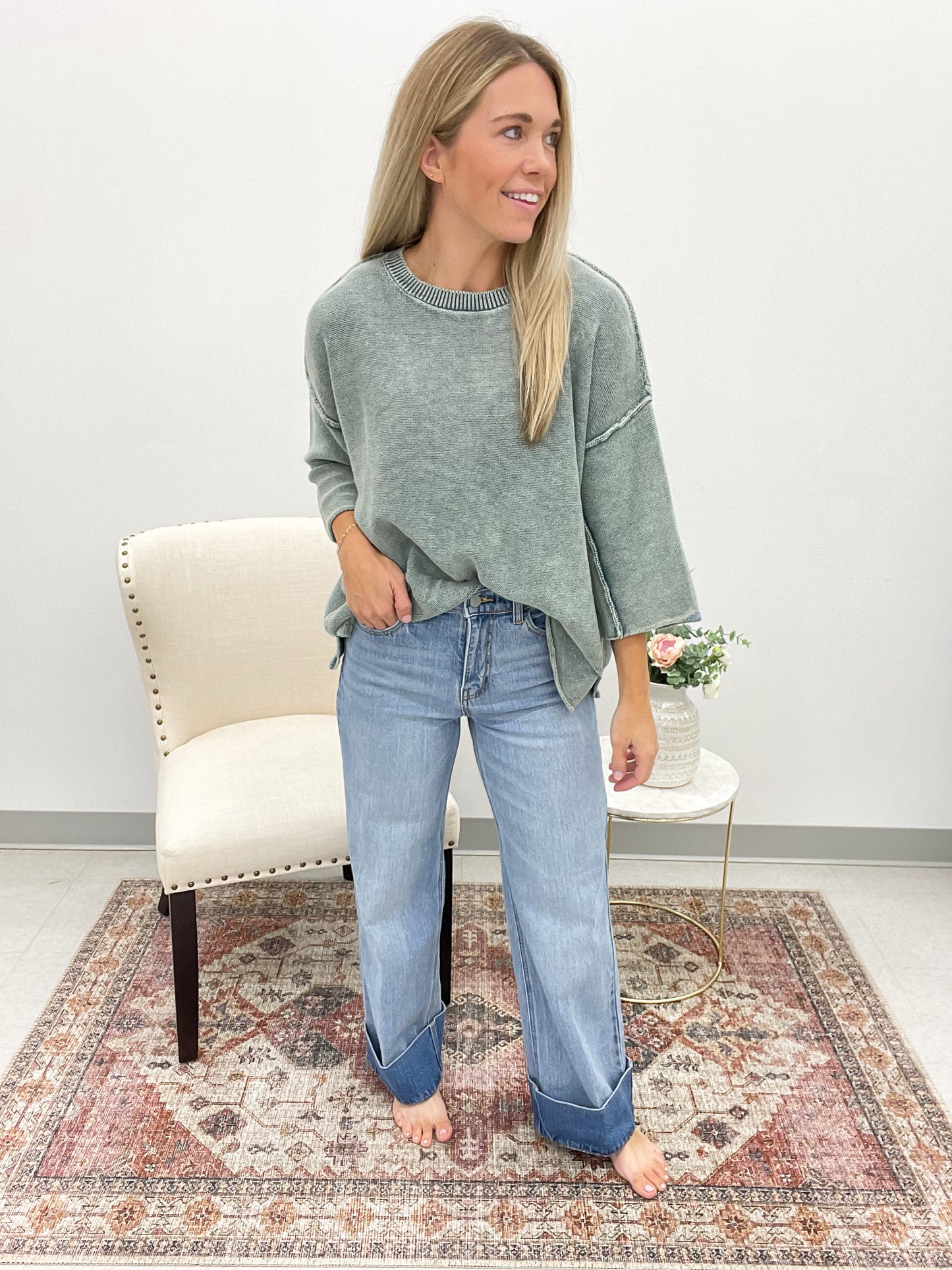 Yours Truly Washed 3/4 Sleeve Boxy Sweater Jade