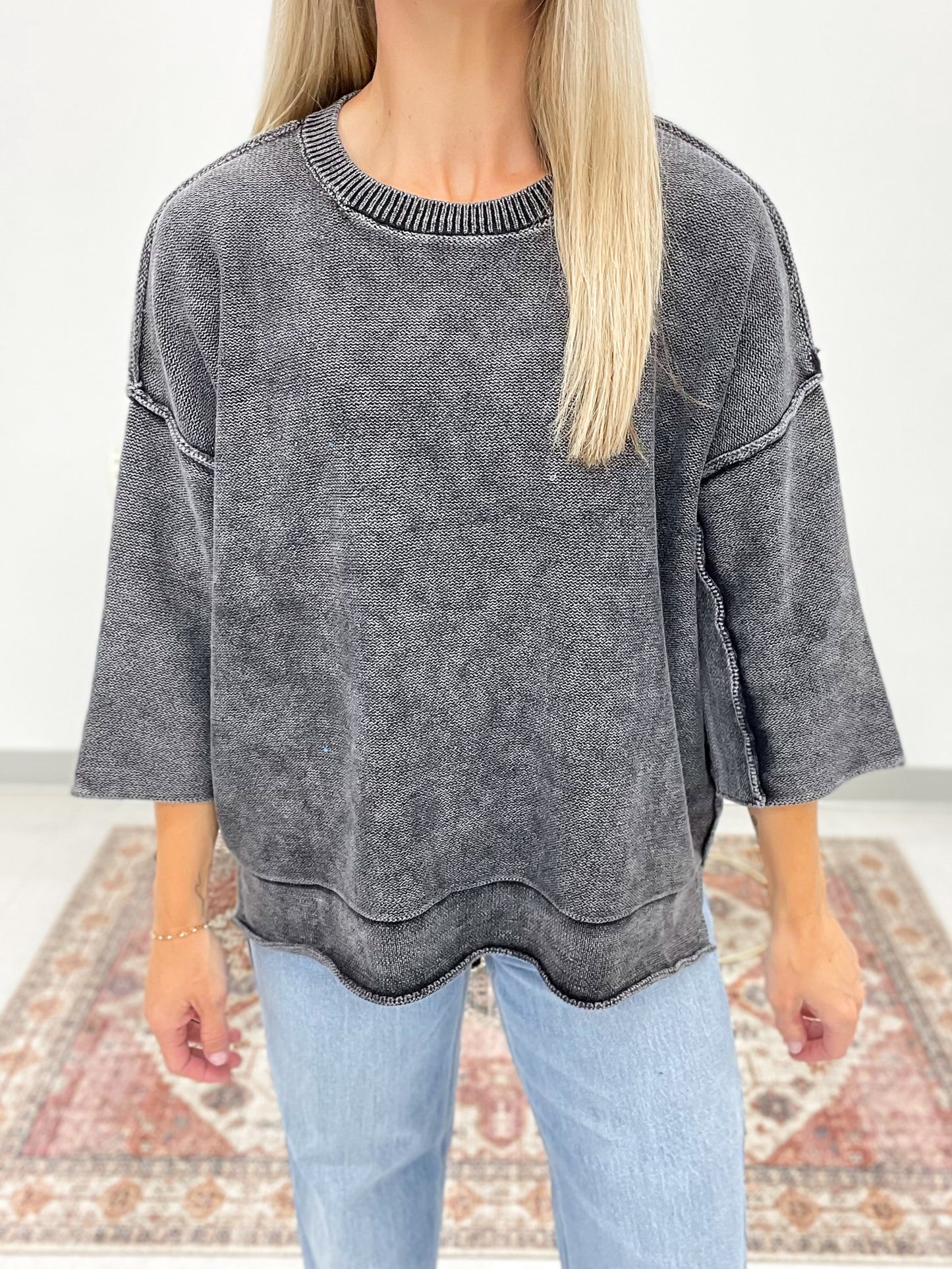 Yours Truly Washed 3/4 Sleeve Boxy Sweater Black