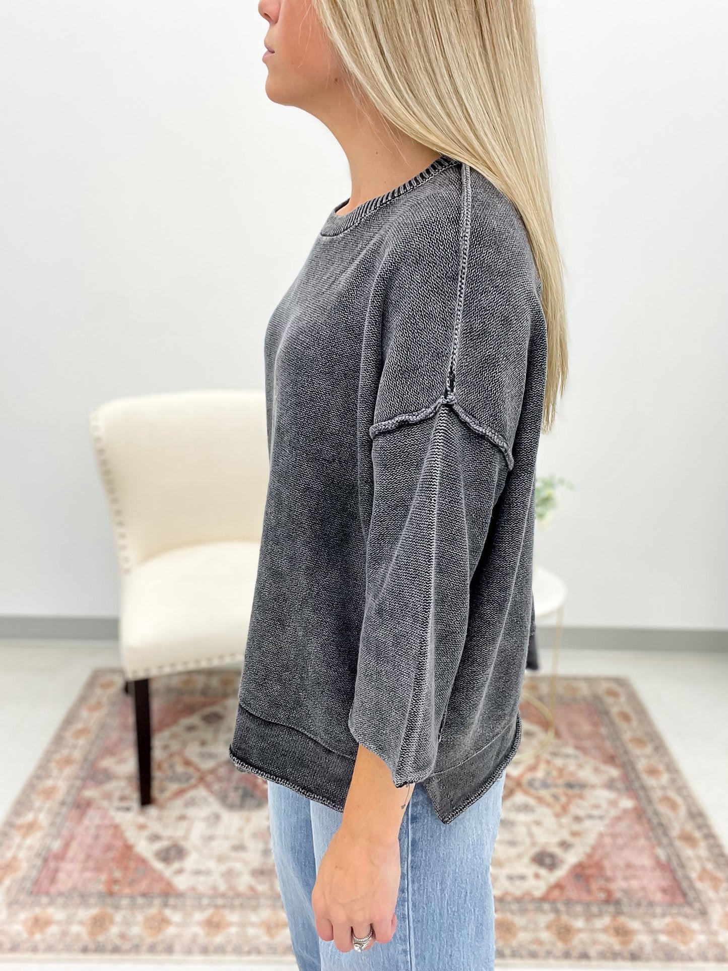 Yours Truly Washed 3/4 Sleeve Boxy Sweater Black
