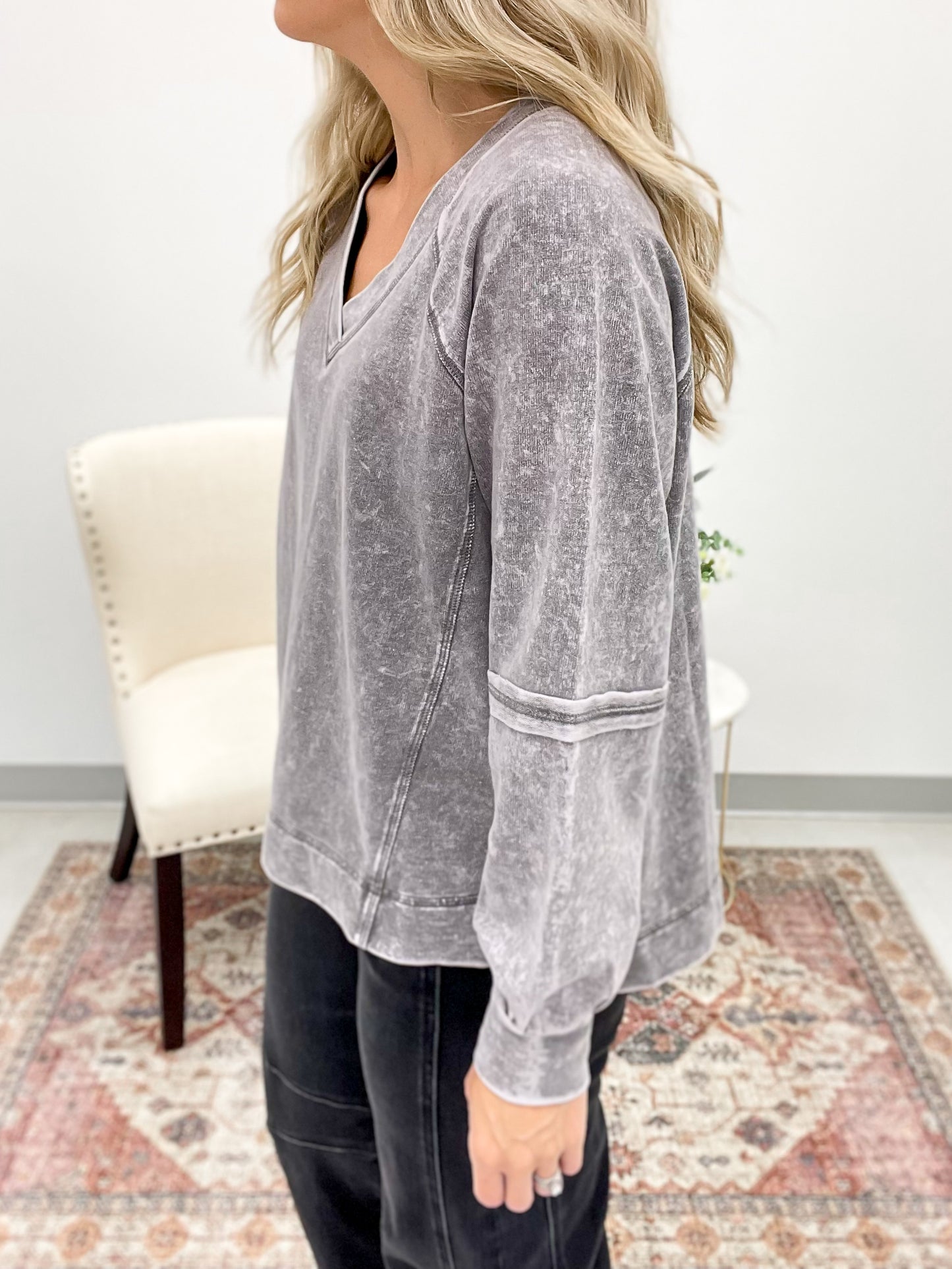 Biggest Fan Washed Long Sleeve Top Gray