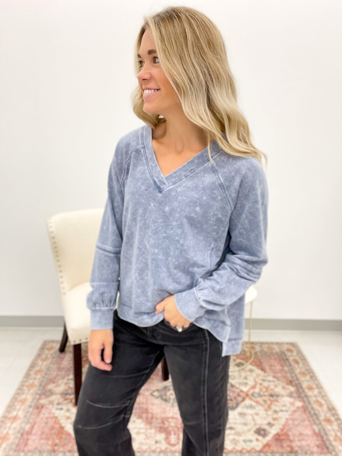 Biggest Fan Washed Long Sleeve Top Blue