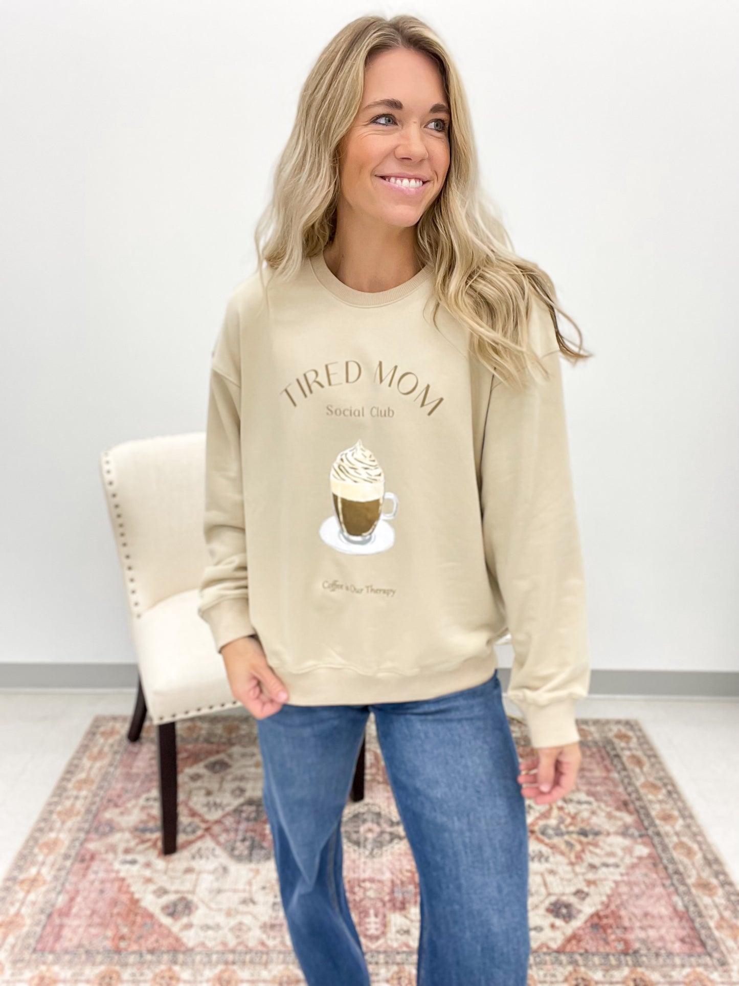 Tired Mom Social Club Crewneck Sweatshirt Taupe