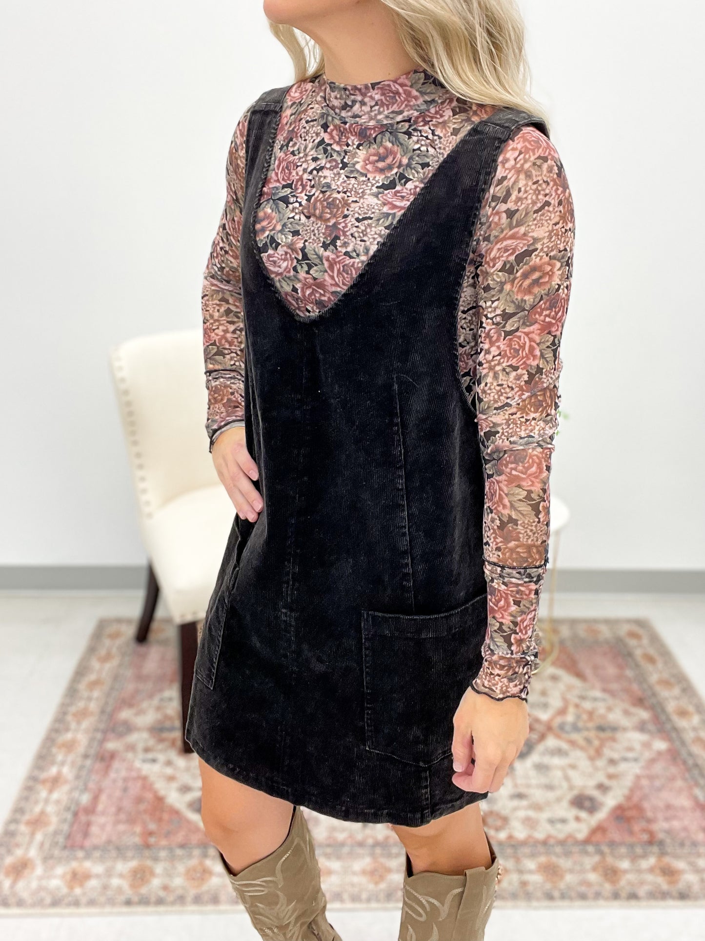 Stay Chic Washed Corduroy Dress Black