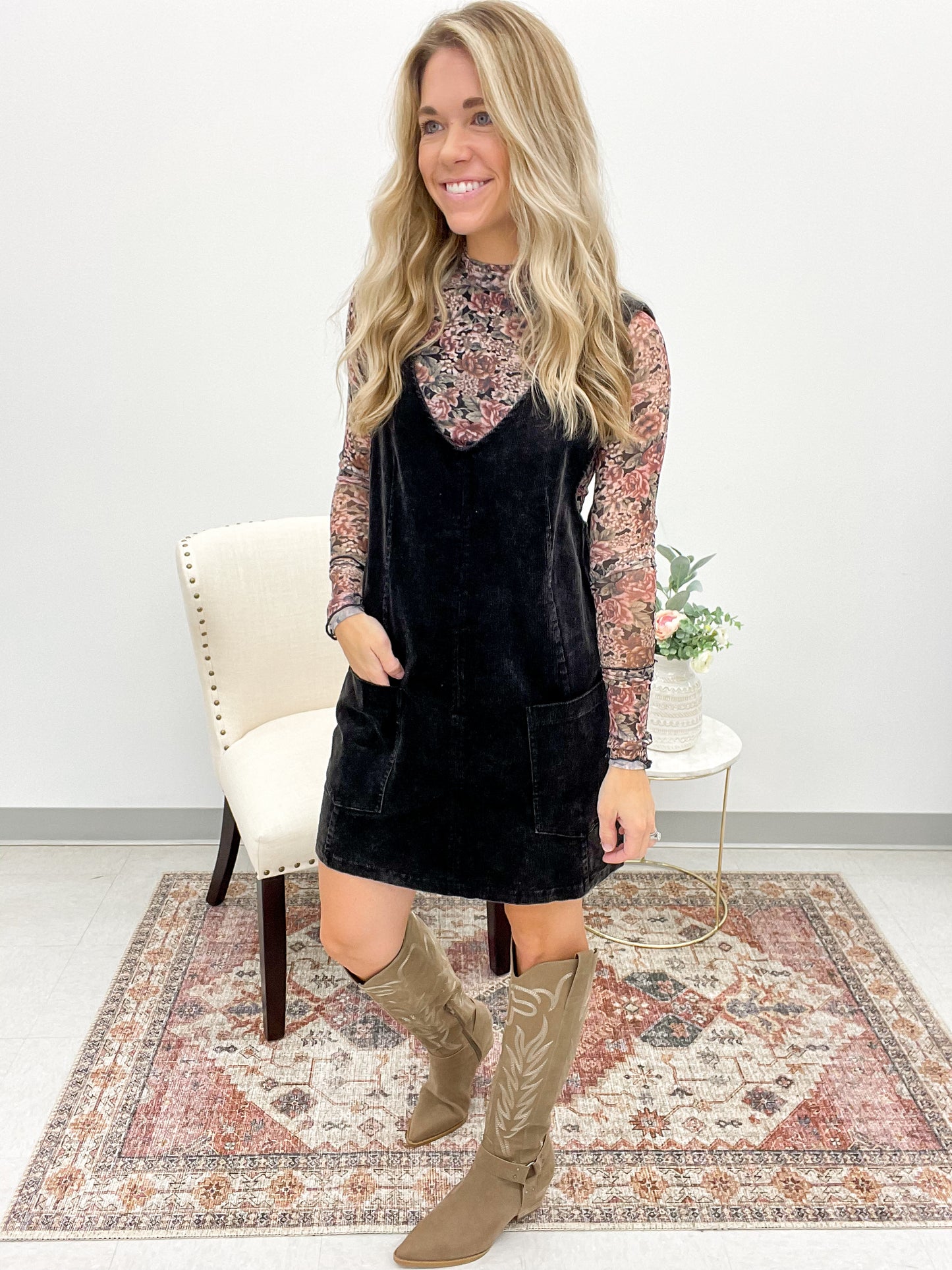 Stay Chic Washed Corduroy Dress Black