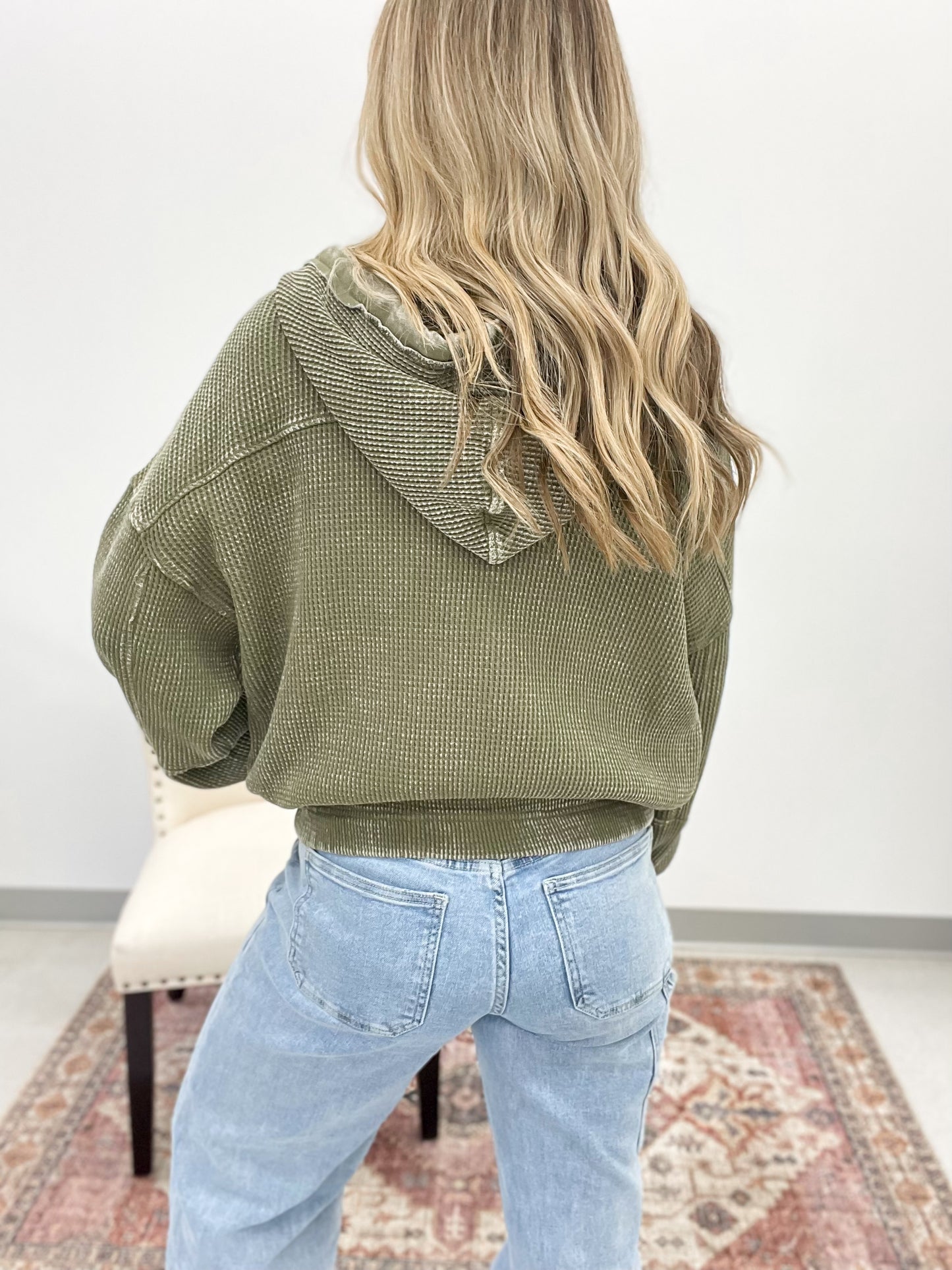 Keep Dreaming Mineral Wash Waffle Knit Hooded Jacket Olive