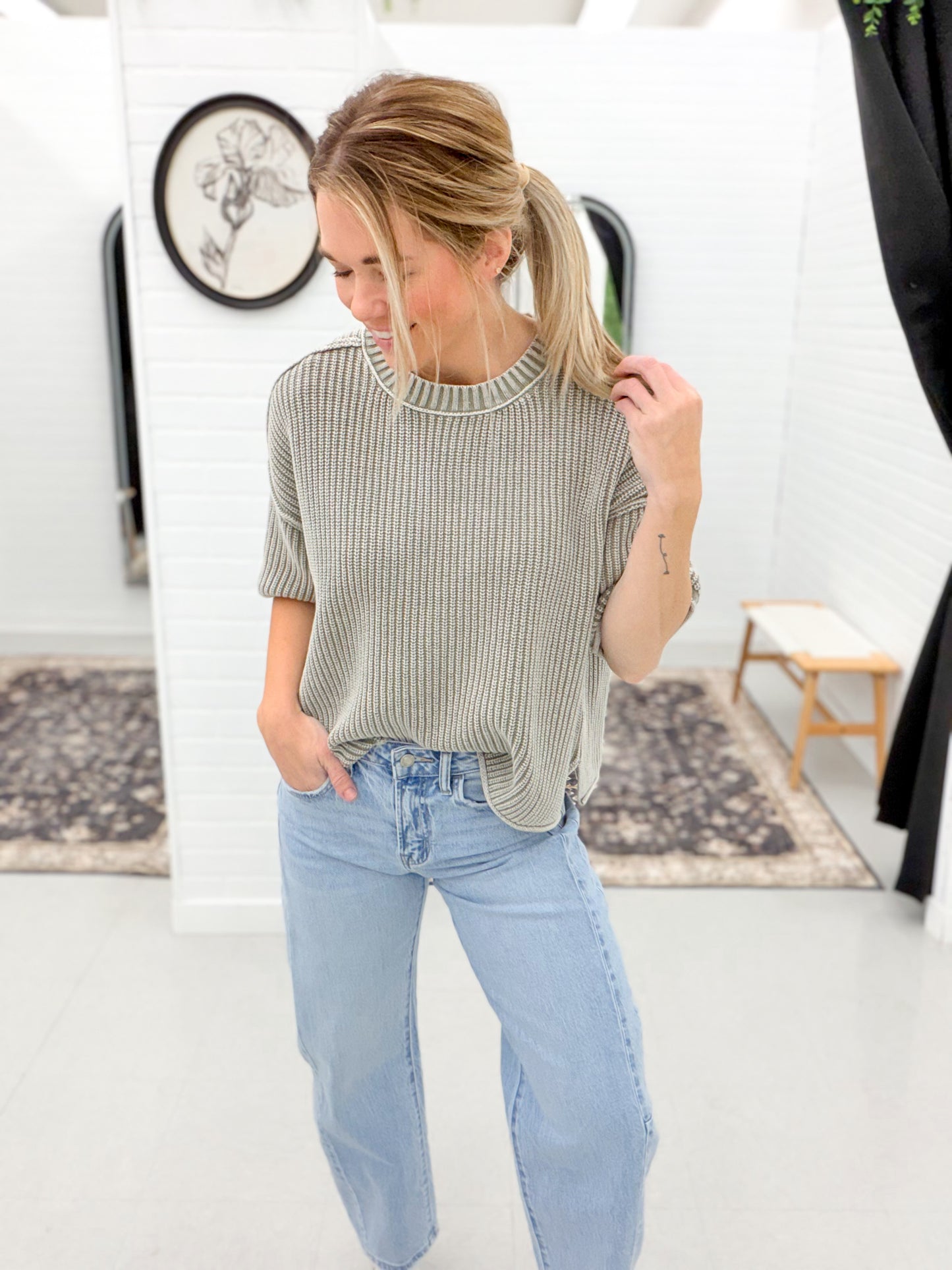 Here For You Washed Crew Short Sleeve Knit Sweater Olive