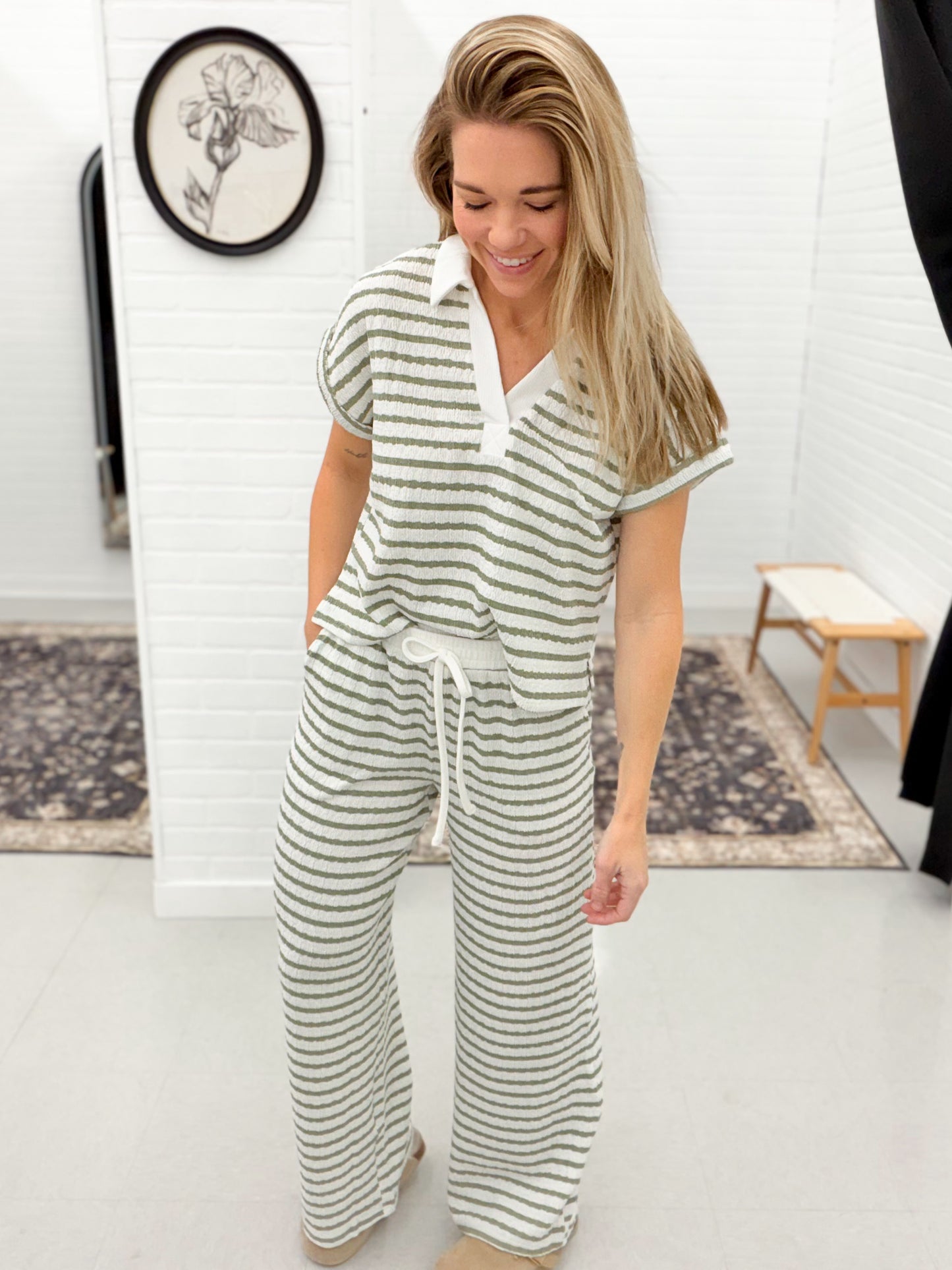 Day Off Striped Textured Pants Olive