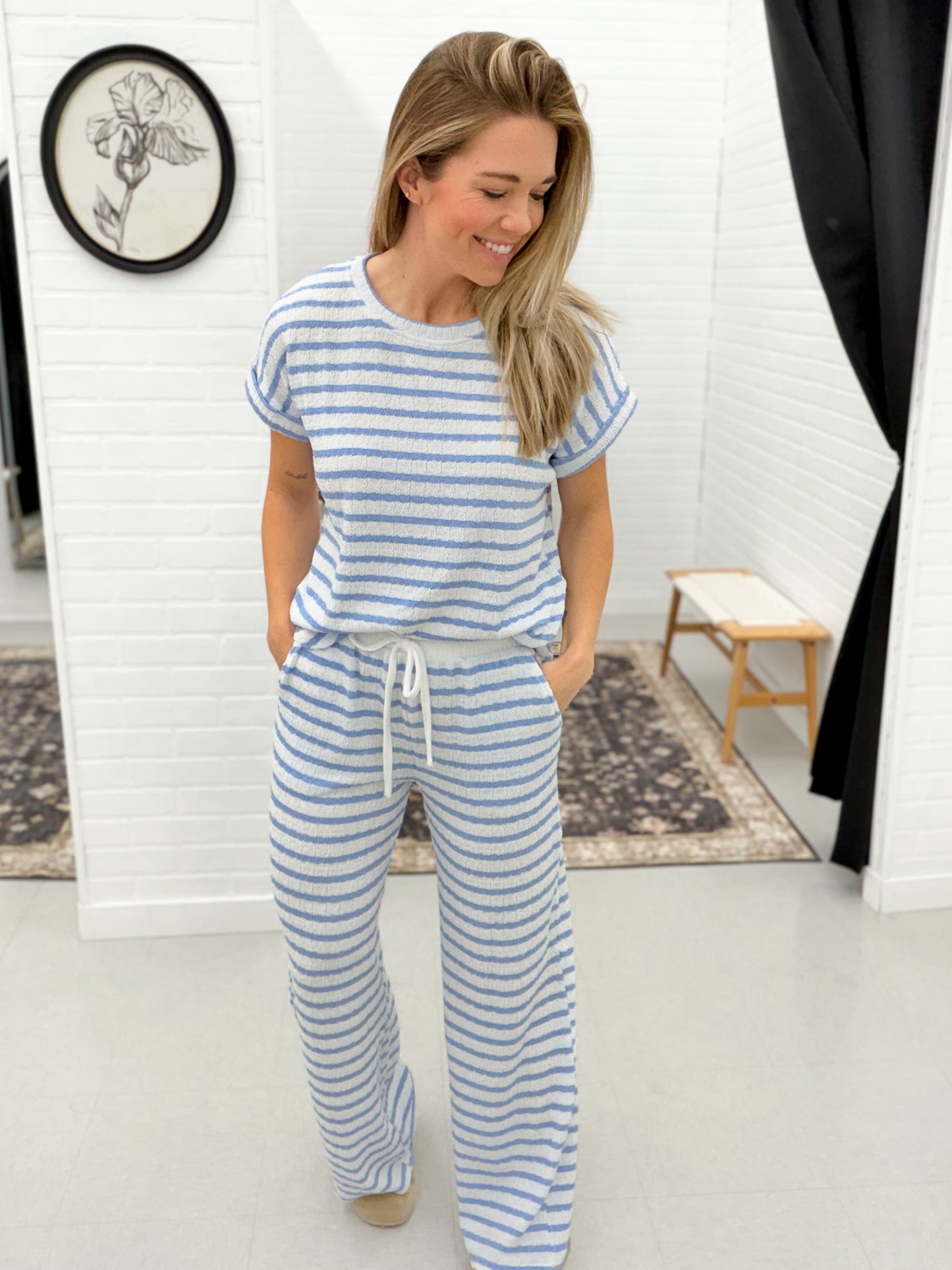 Day Off Striped Textured Round Neck Top Light Blue
