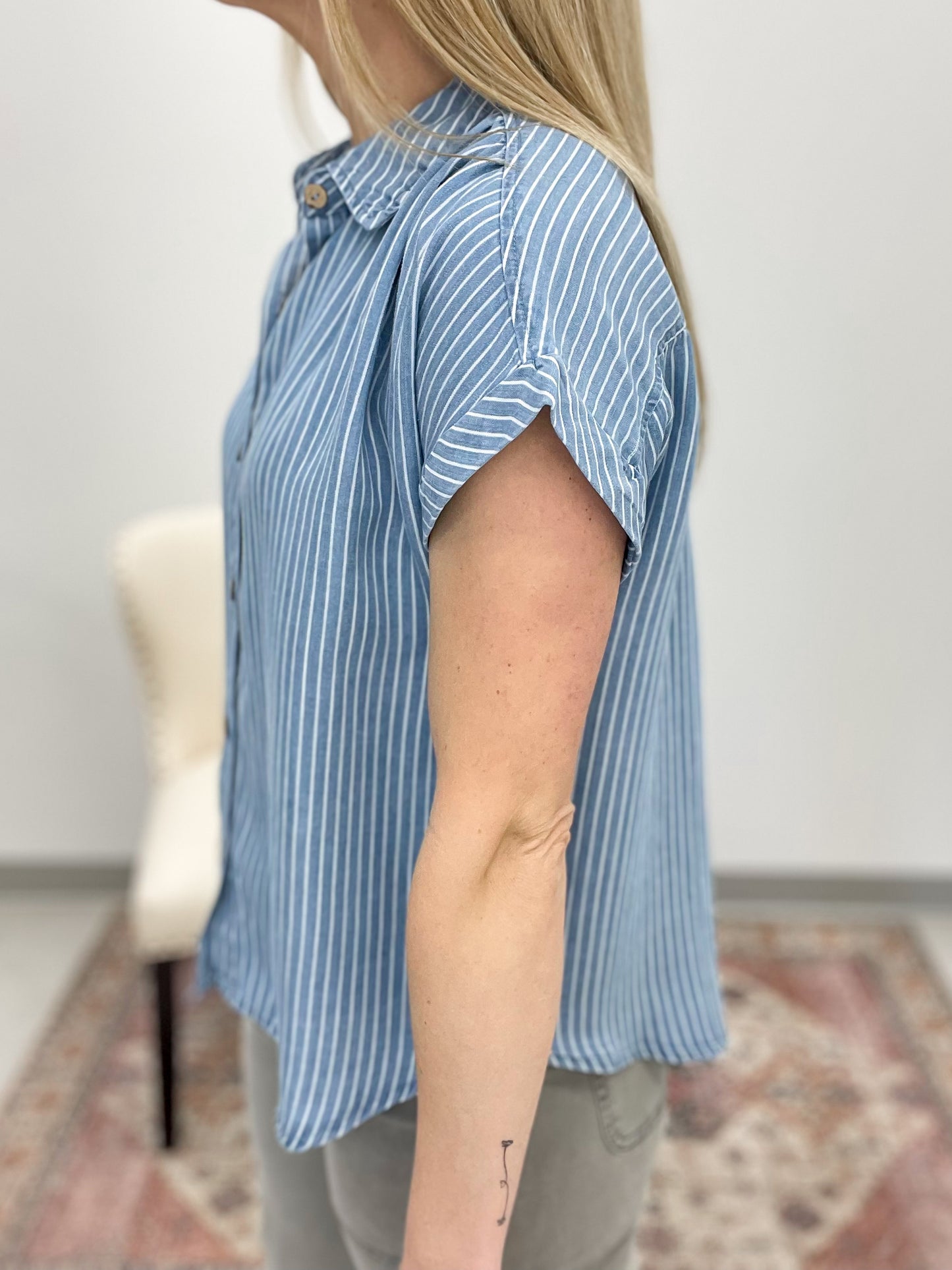Gulf View Striped Button Down Chambray Top S-3X