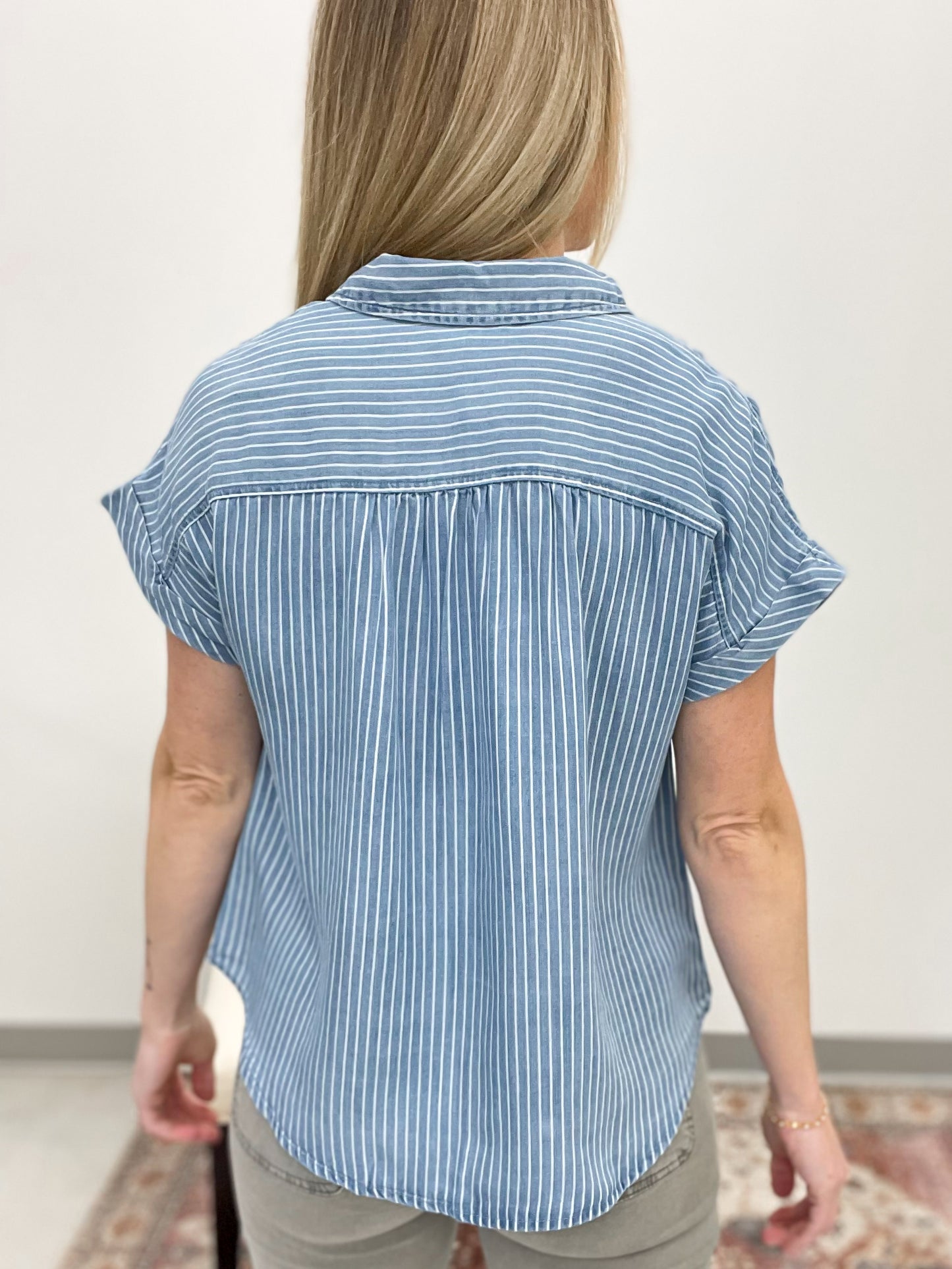 Gulf View Striped Button Down Chambray Top S-3X