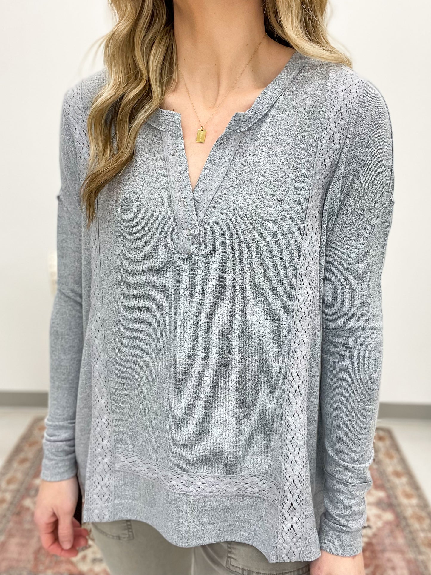 This Moment Hacci Knit Lace Henley Top Chambray