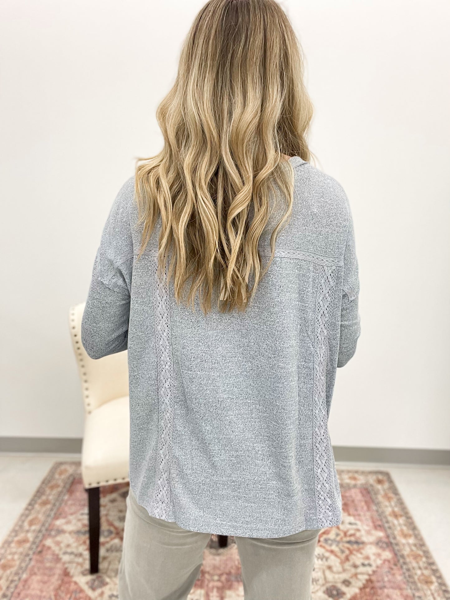 This Moment Hacci Knit Lace Henley Top Chambray
