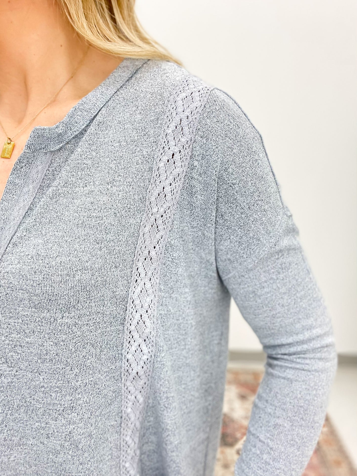 This Moment Hacci Knit Lace Henley Top Chambray