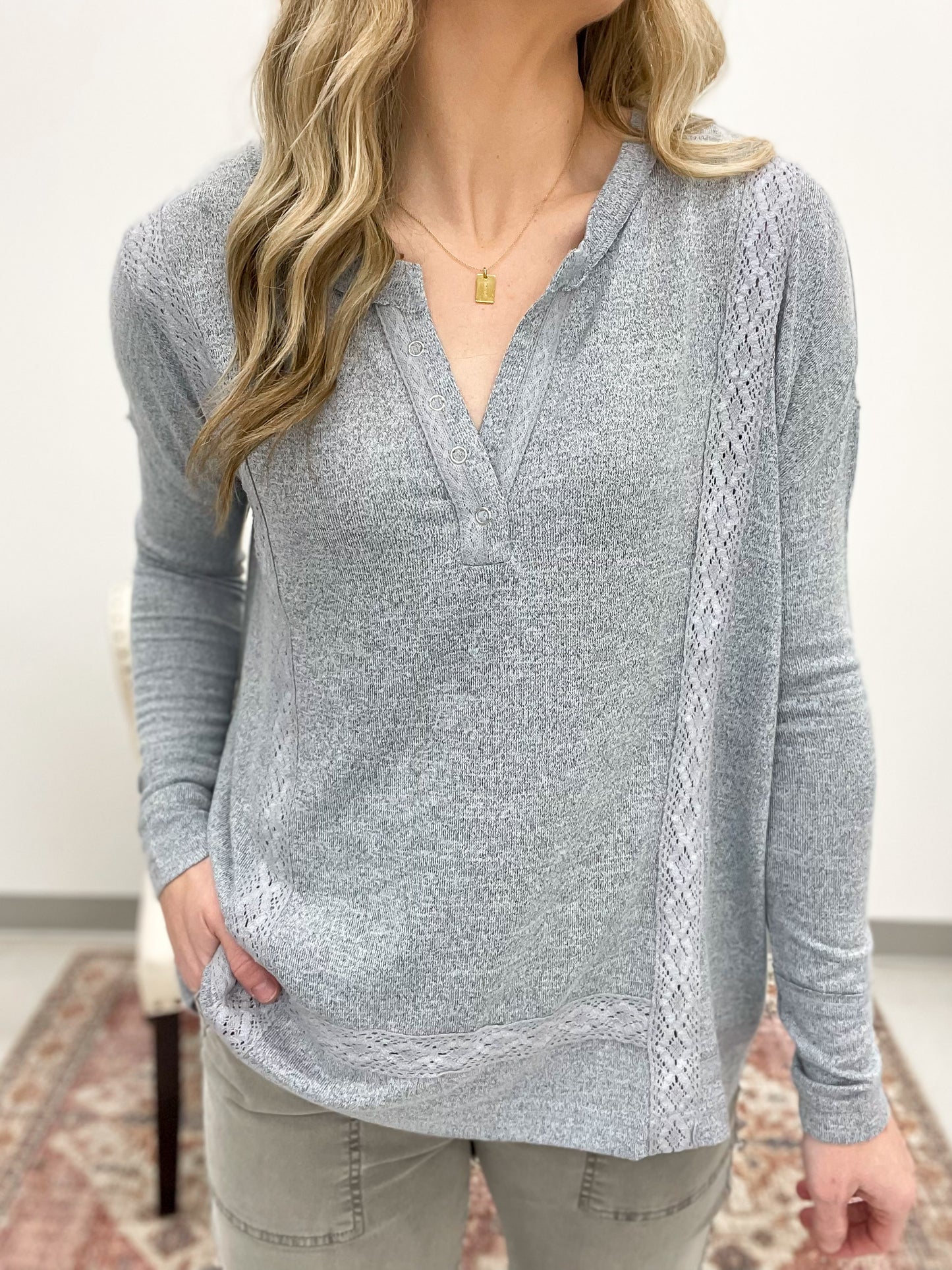 This Moment Hacci Knit Lace Henley Top Chambray