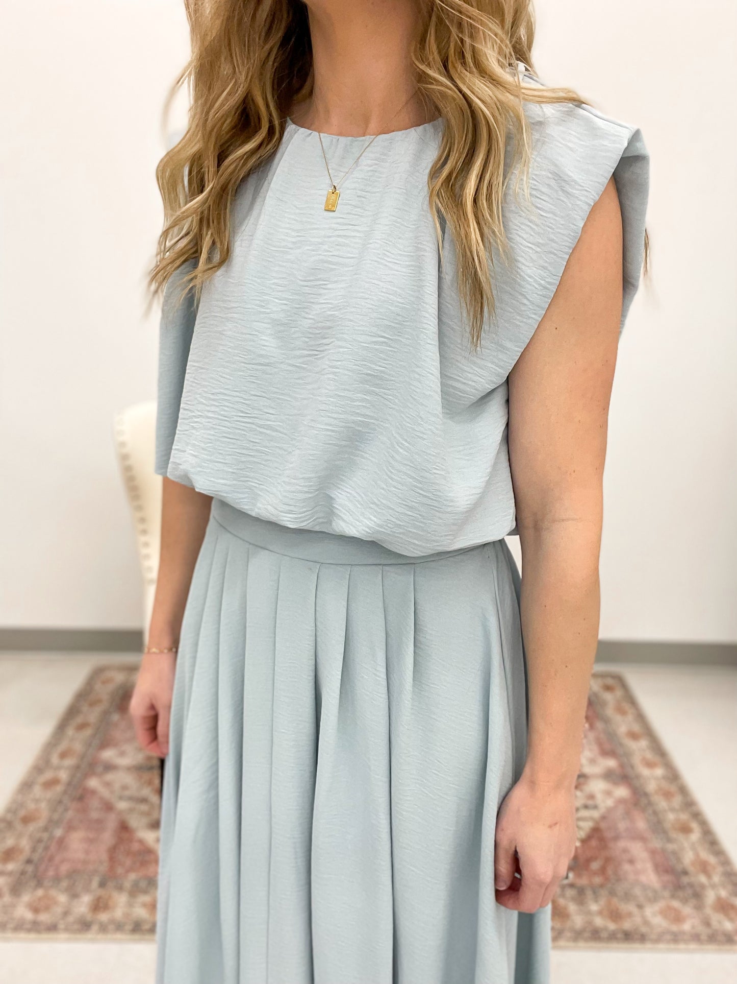Double Take Sleeveless Top And Pleated Skirt Set Light Blue