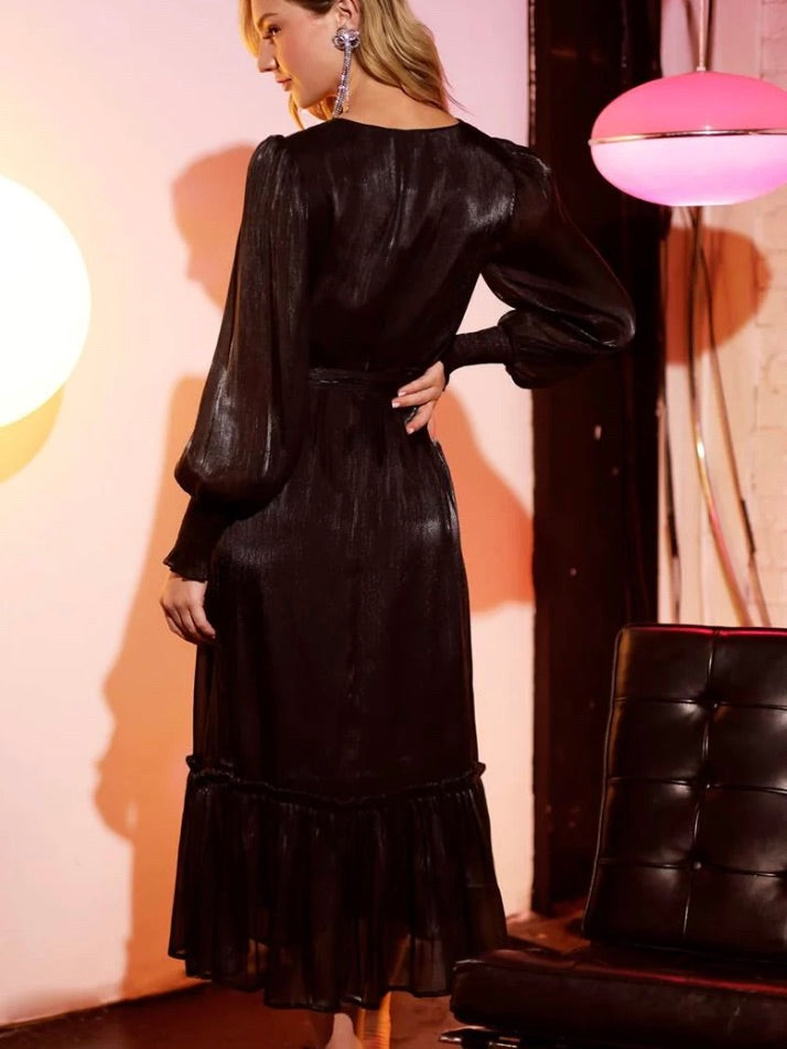 Late Night Wrap Long Bishop Sleeve Midi Dress Black Medium, Large