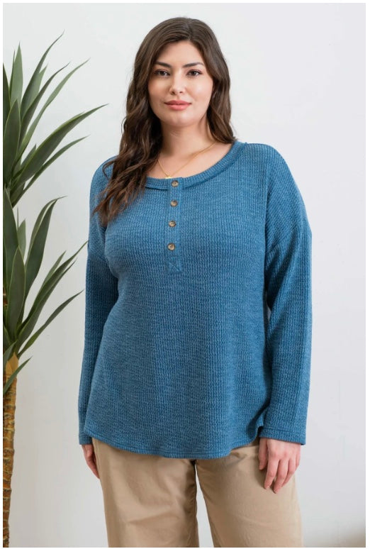 Year End Ribbed Henley Top Teal 2X, 3X